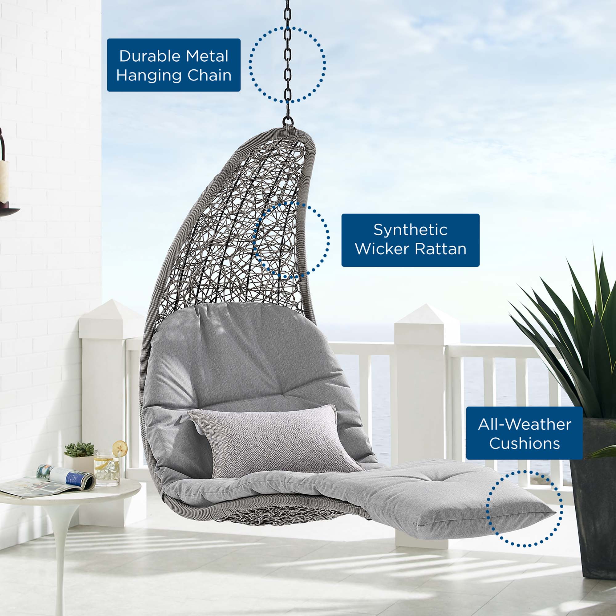 Modway Landscape Hanging Chaise Lounge Outdoor Patio Swing Chair