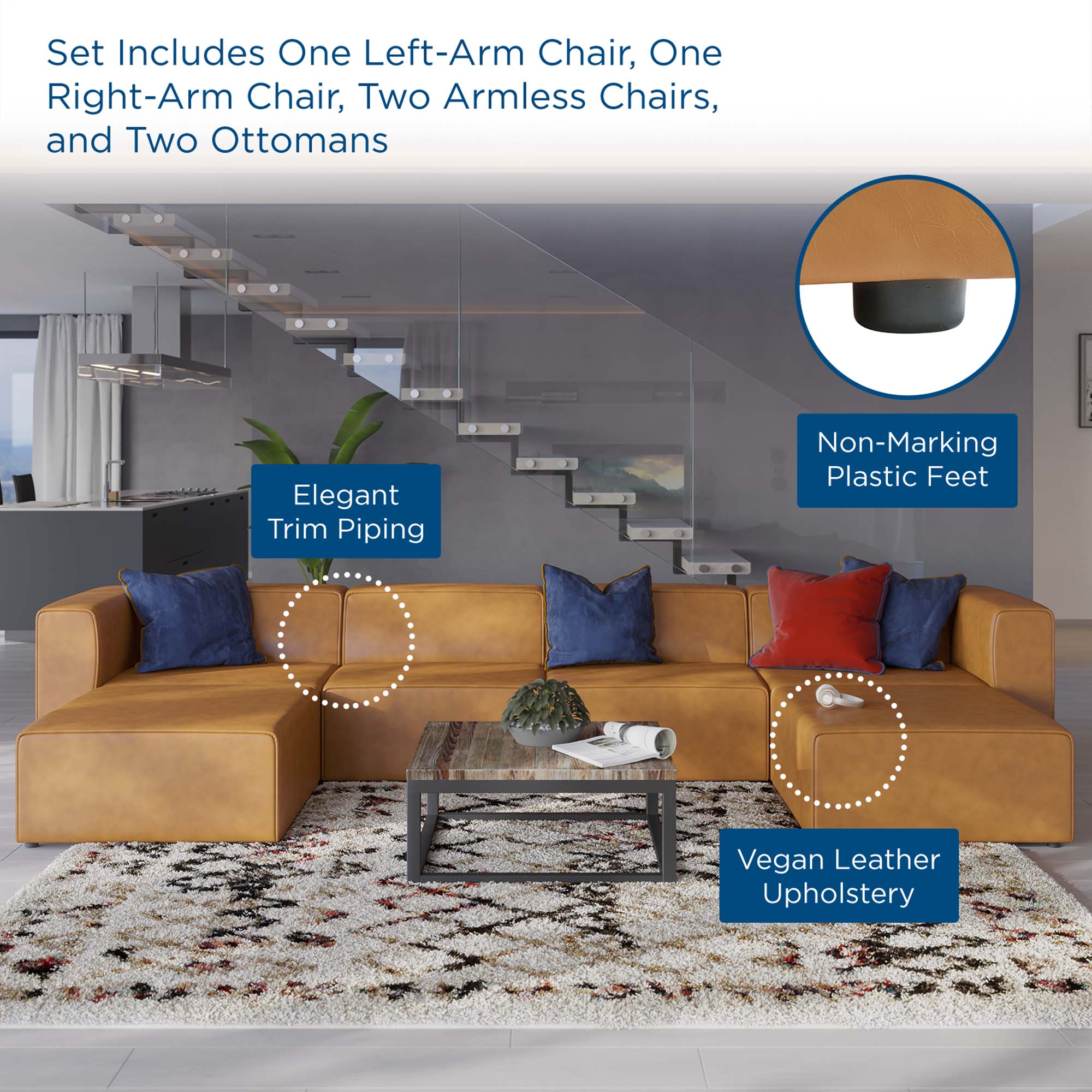 Modway Mingle 4-Piece Vegan Leather Sofa and 2 Ottomans Set