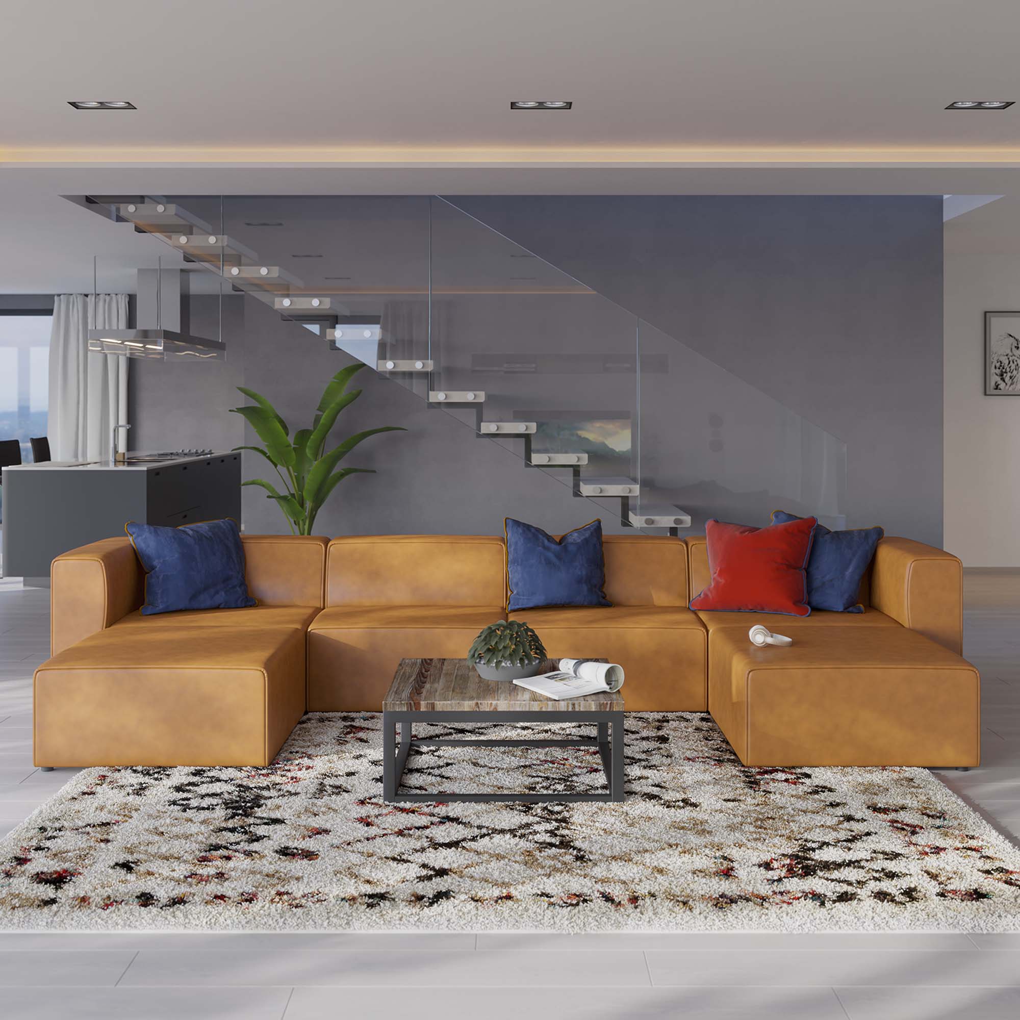 Modway Mingle 4-Piece Vegan Leather Sofa and 2 Ottomans Set