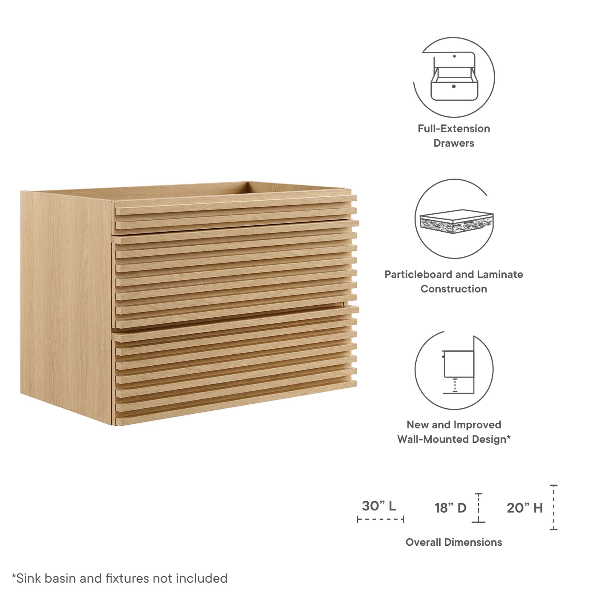 Modway Render 30" Wall-Mount Bathroom Vanity Cabinet (Sink Basin Not Included)