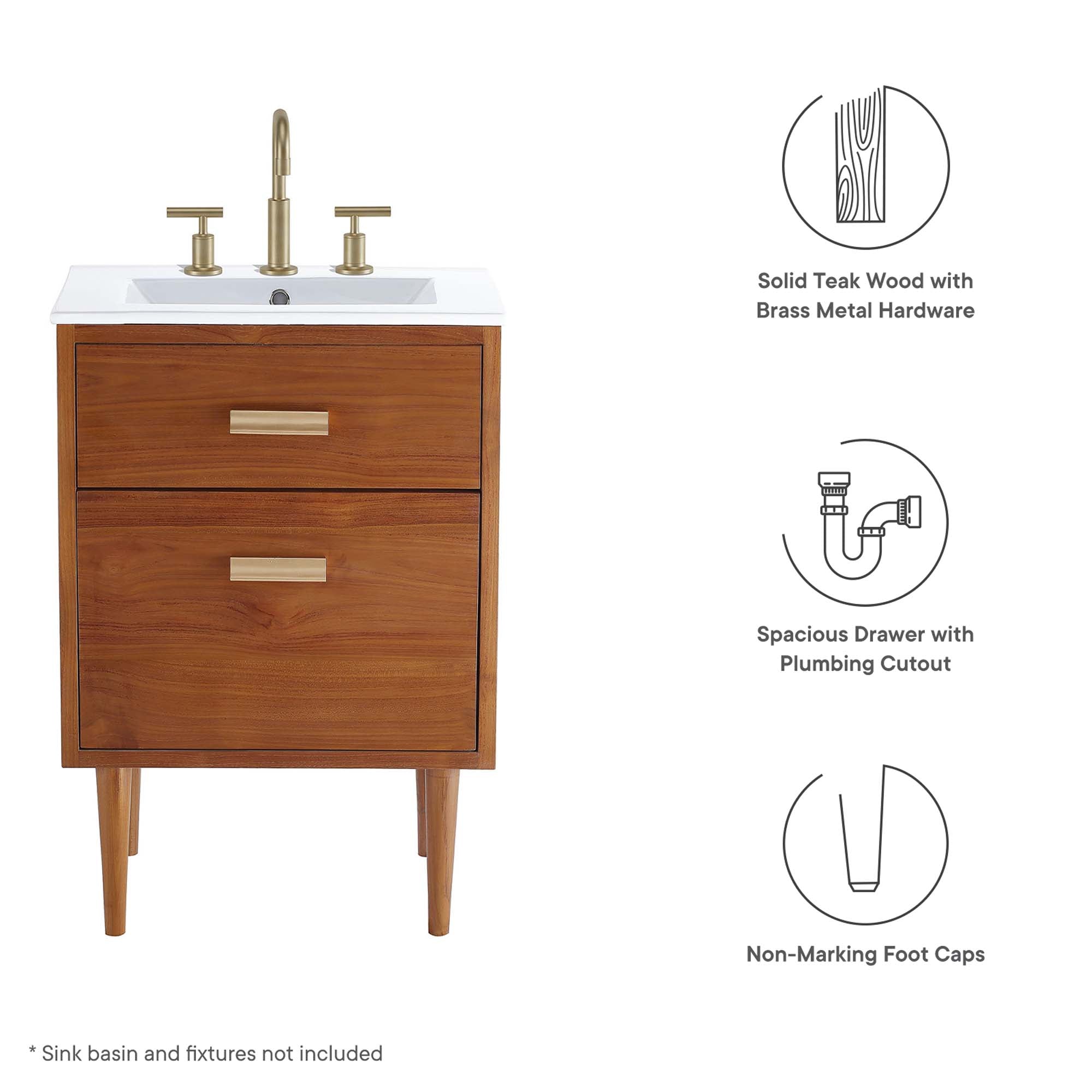 Modway Cassia 24" Teak Wood Bathroom Vanity Cabinet (Sink Basin Not Included)