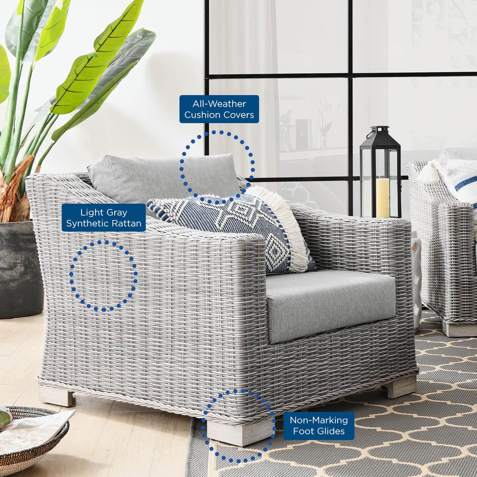 Modway Conway 2-Piece Outdoor Patio Wicker Rattan Armchair and Ottoman Set