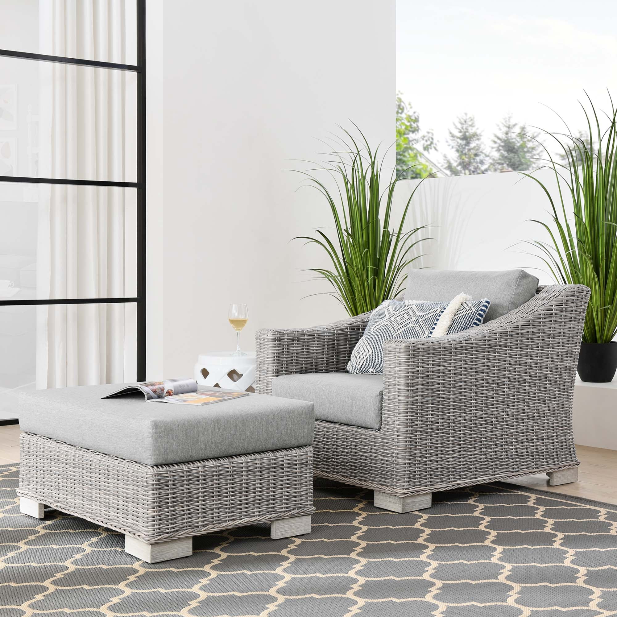 Modway Conway 2-Piece Outdoor Patio Wicker Rattan Armchair and Ottoman Set