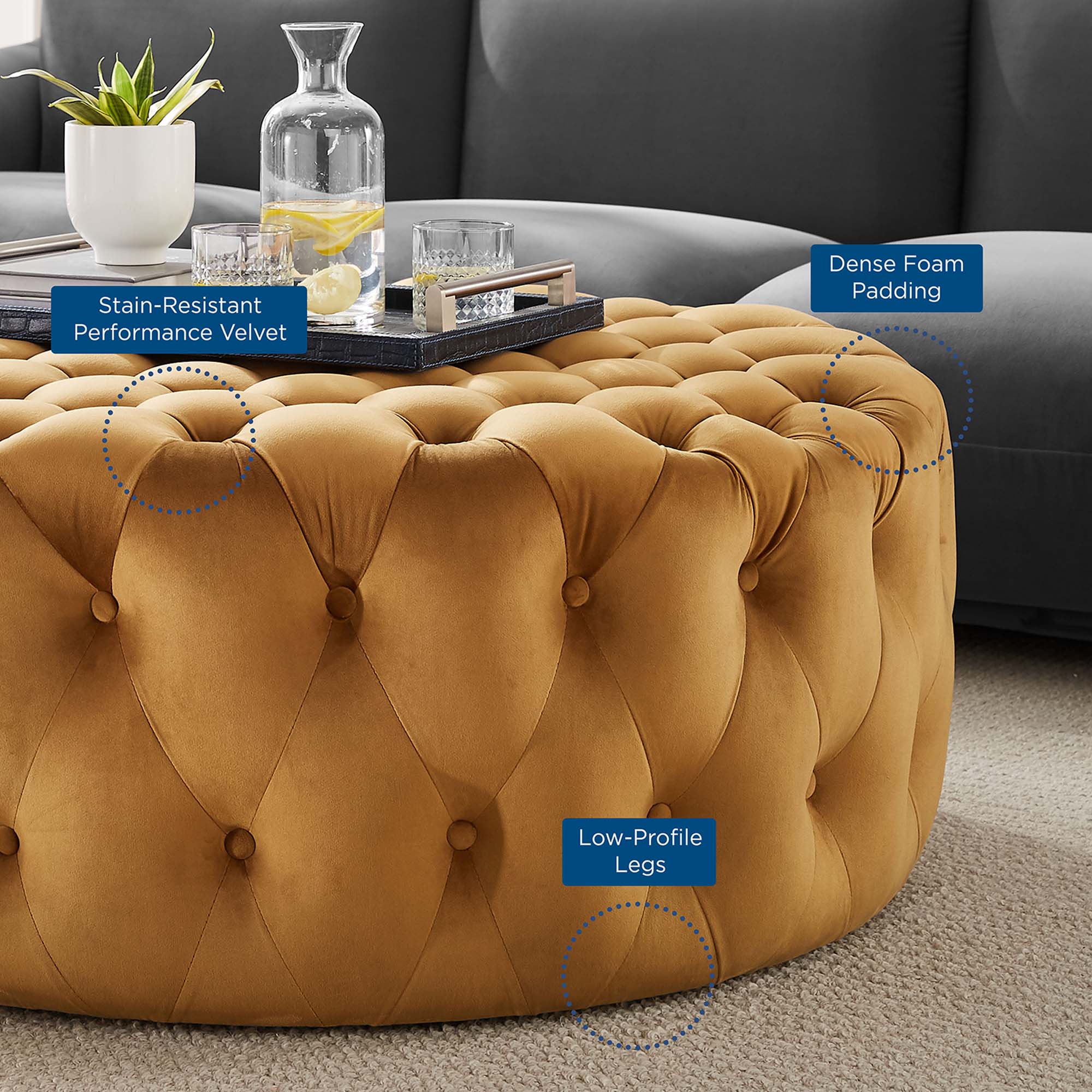 Modway Amour Tufted Button Large Round Performance Velvet Ottoman