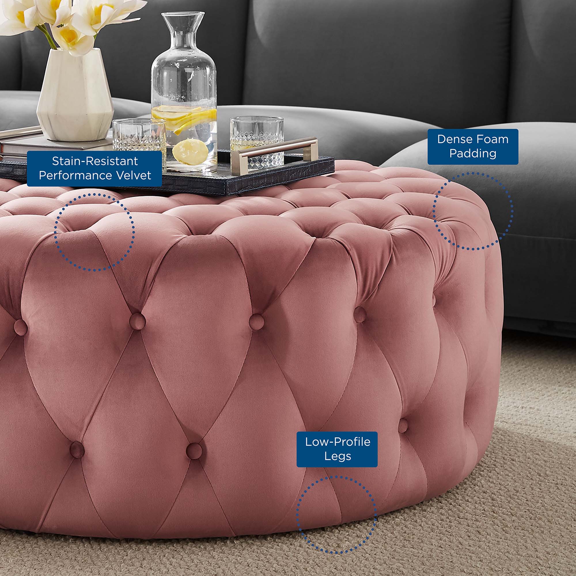 Modway Amour Tufted Button Large Round Performance Velvet Ottoman