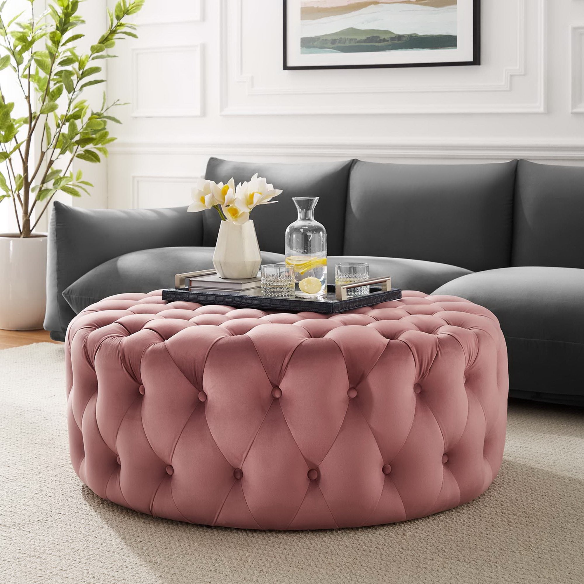 Modway Amour Tufted Button Large Round Performance Velvet Ottoman