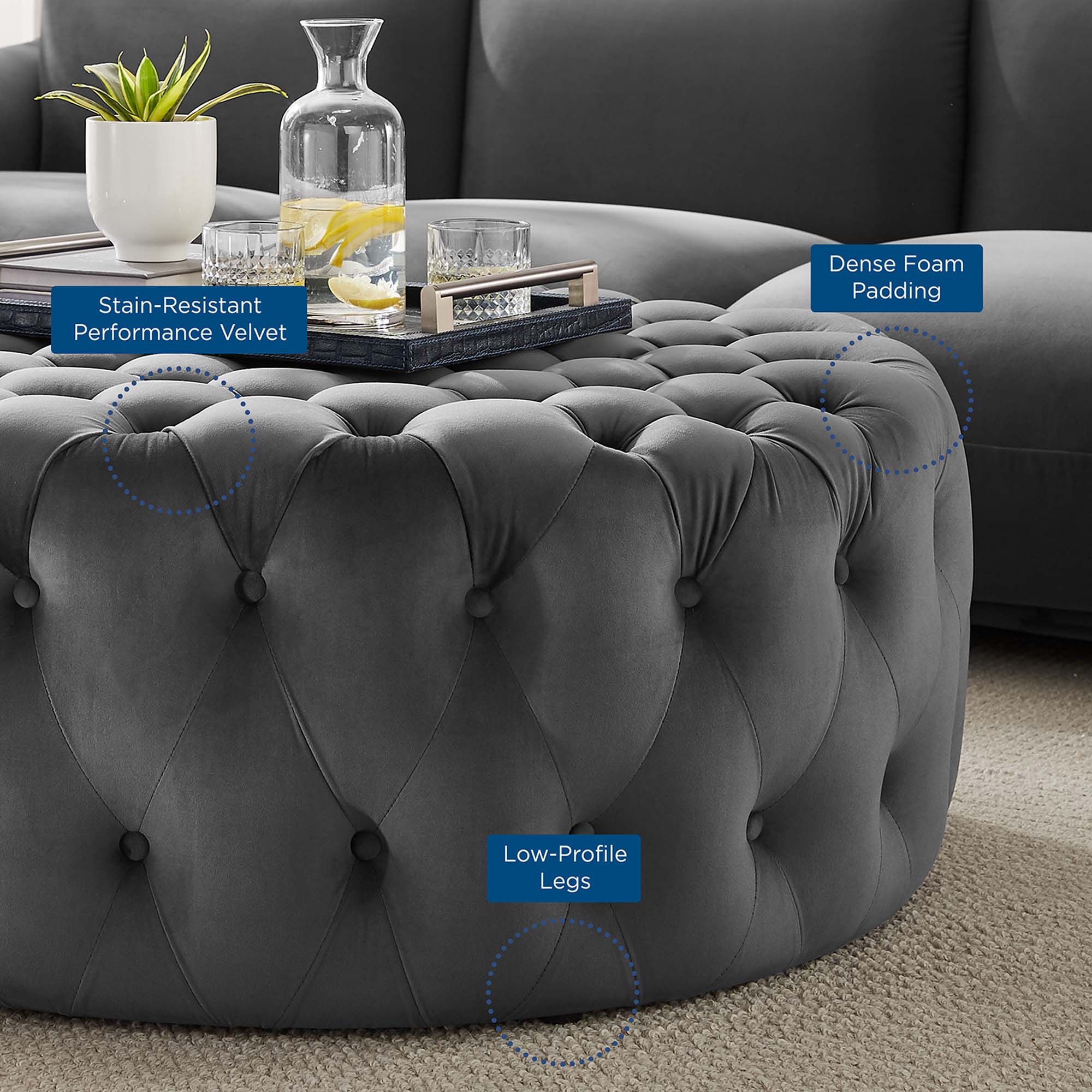 Modway Amour Tufted Button Large Round Performance Velvet Ottoman