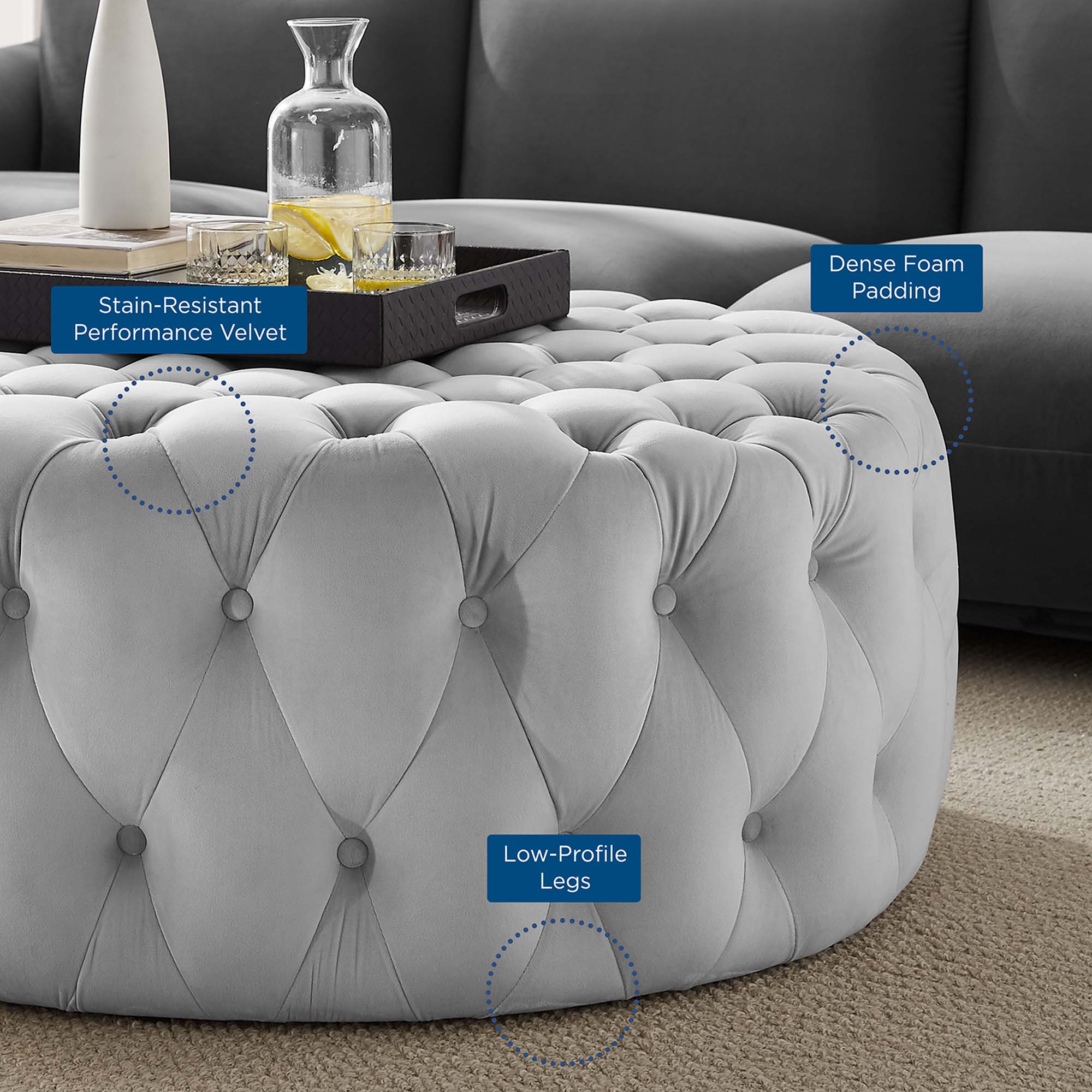 Modway Amour Tufted Button Large Round Performance Velvet Ottoman