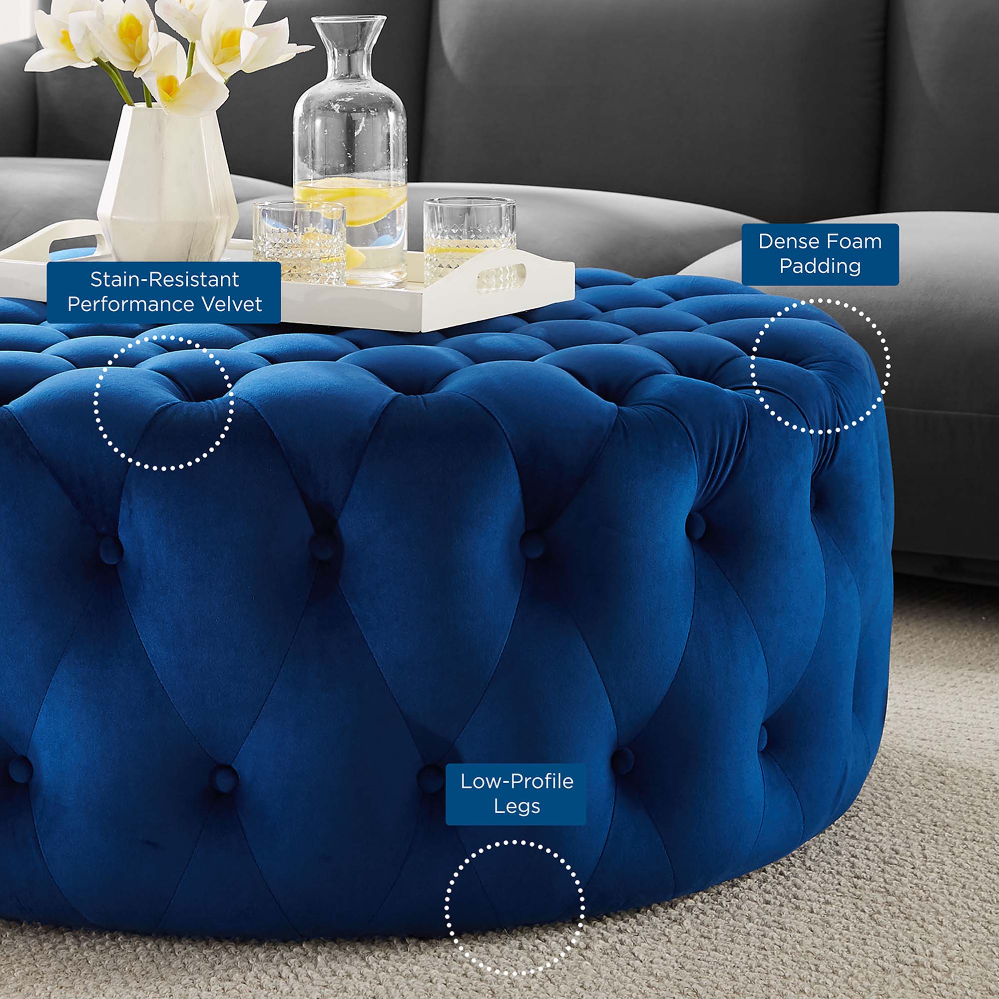 Modway Amour Tufted Button Large Round Performance Velvet Ottoman