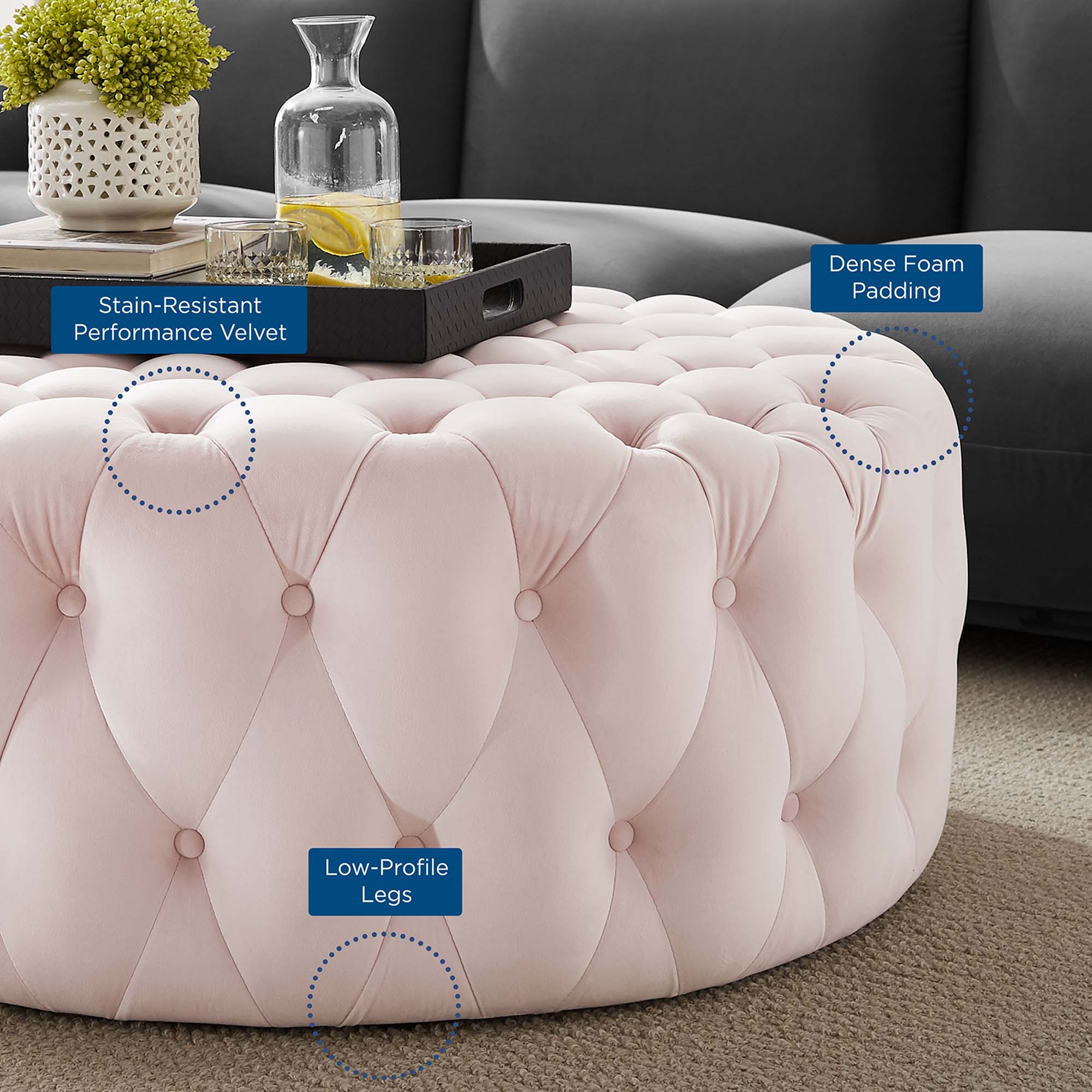 Modway Amour Tufted Button Large Round Performance Velvet Ottoman