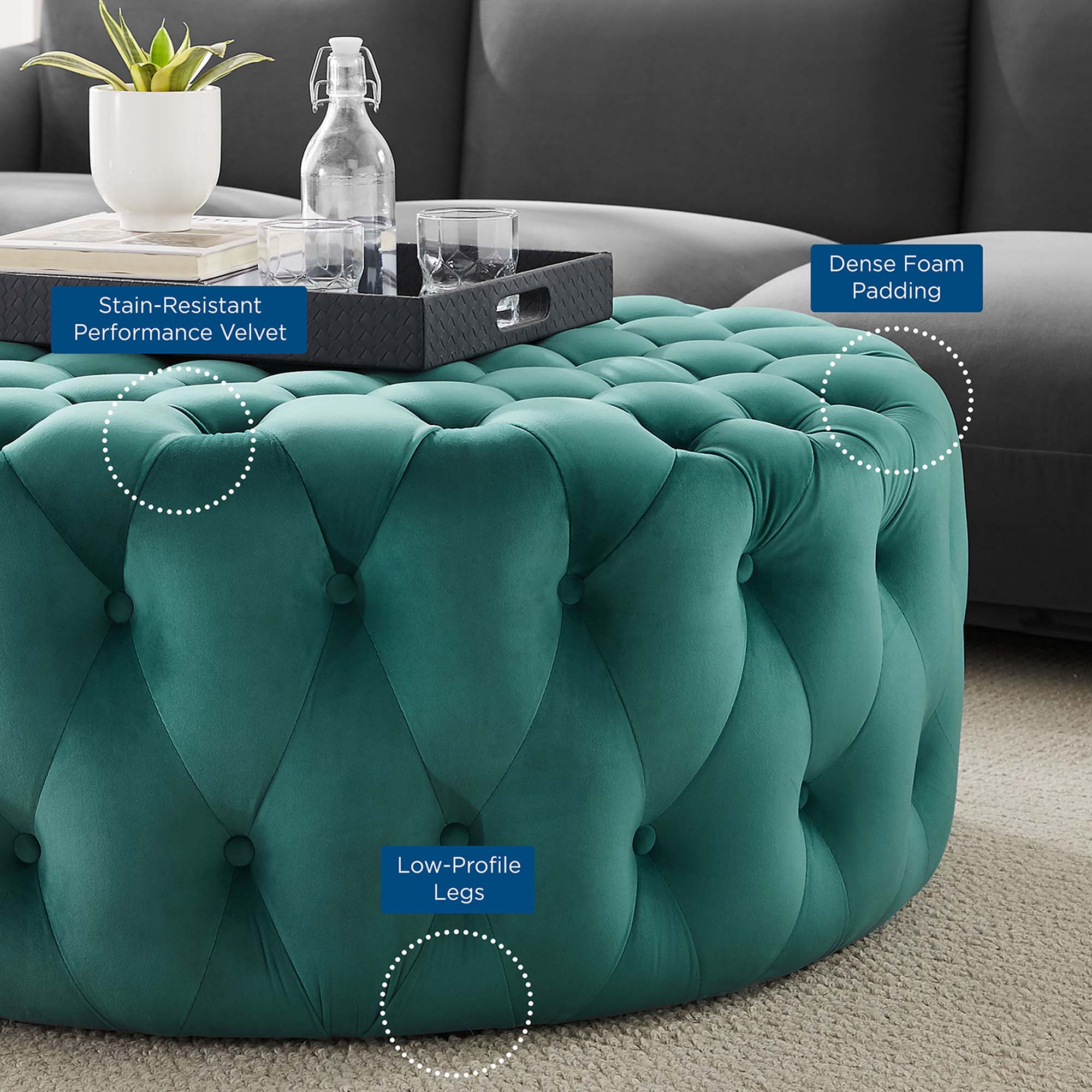 Modway Amour Tufted Button Large Round Performance Velvet Ottoman