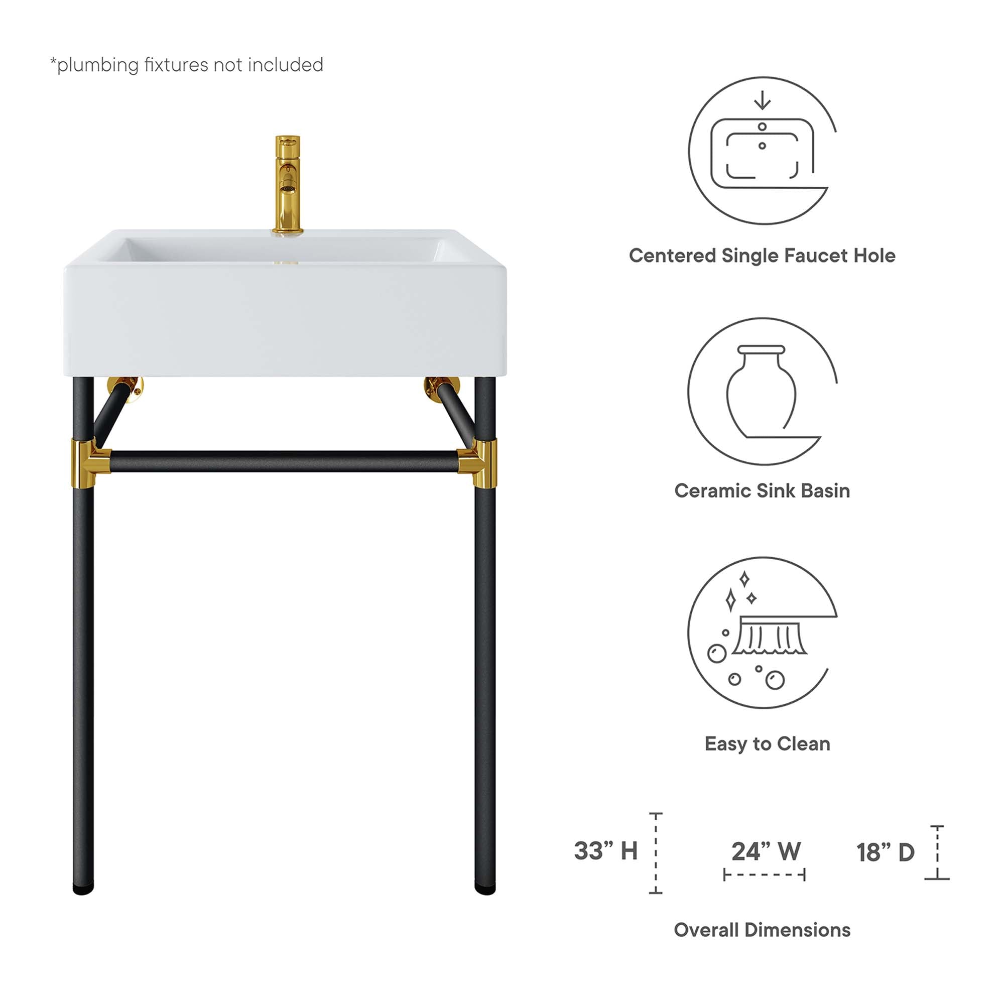 Modway Redeem 24" Wall-Mount Black Stainless Steel Bathroom Vanity