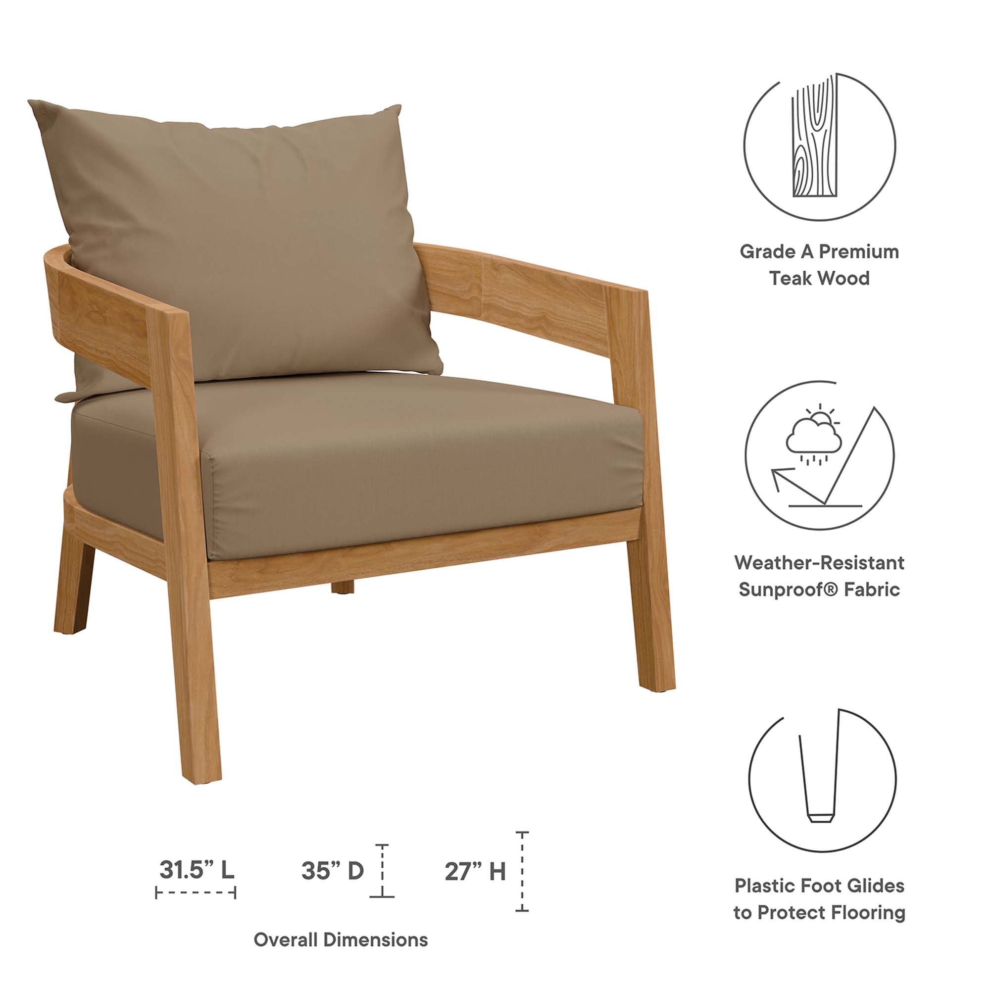 Modway Brisbane Teak Wood Outdoor Patio Armchair