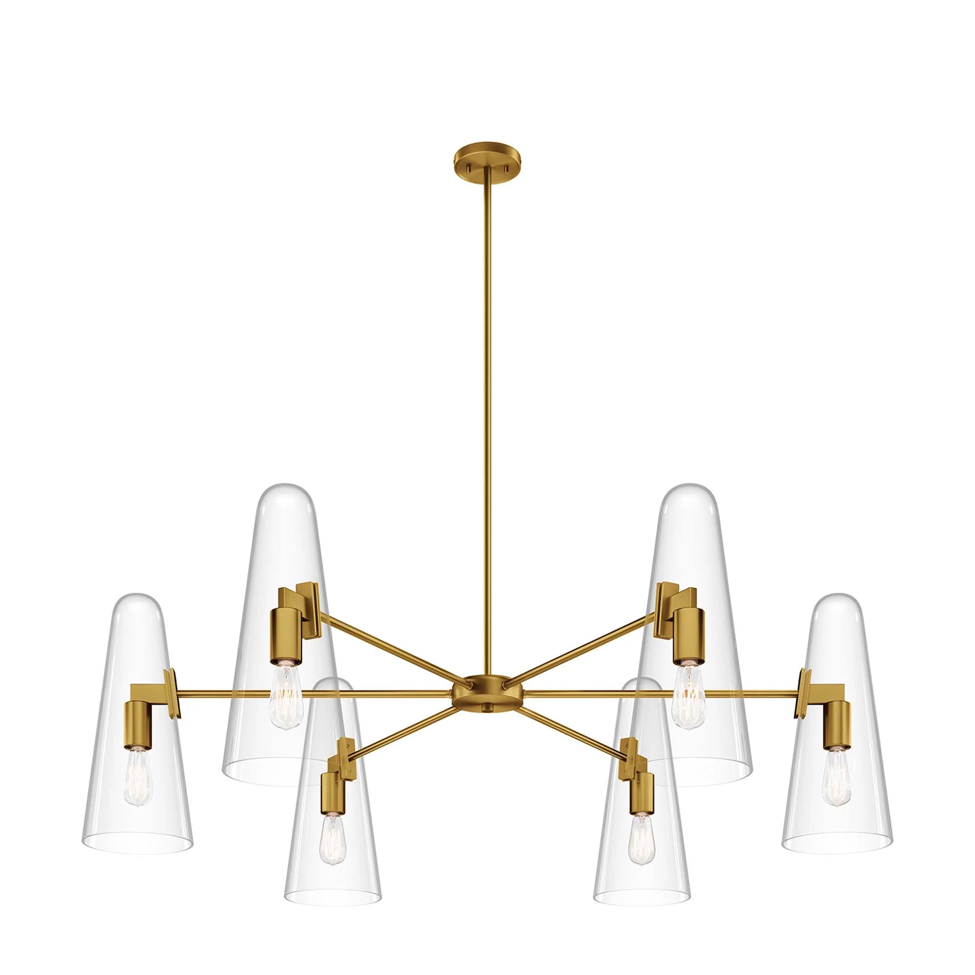Modway Beacon 6-Light Chandelier with Glass Cone Shades – Clear Satin Brass or Opal Black
