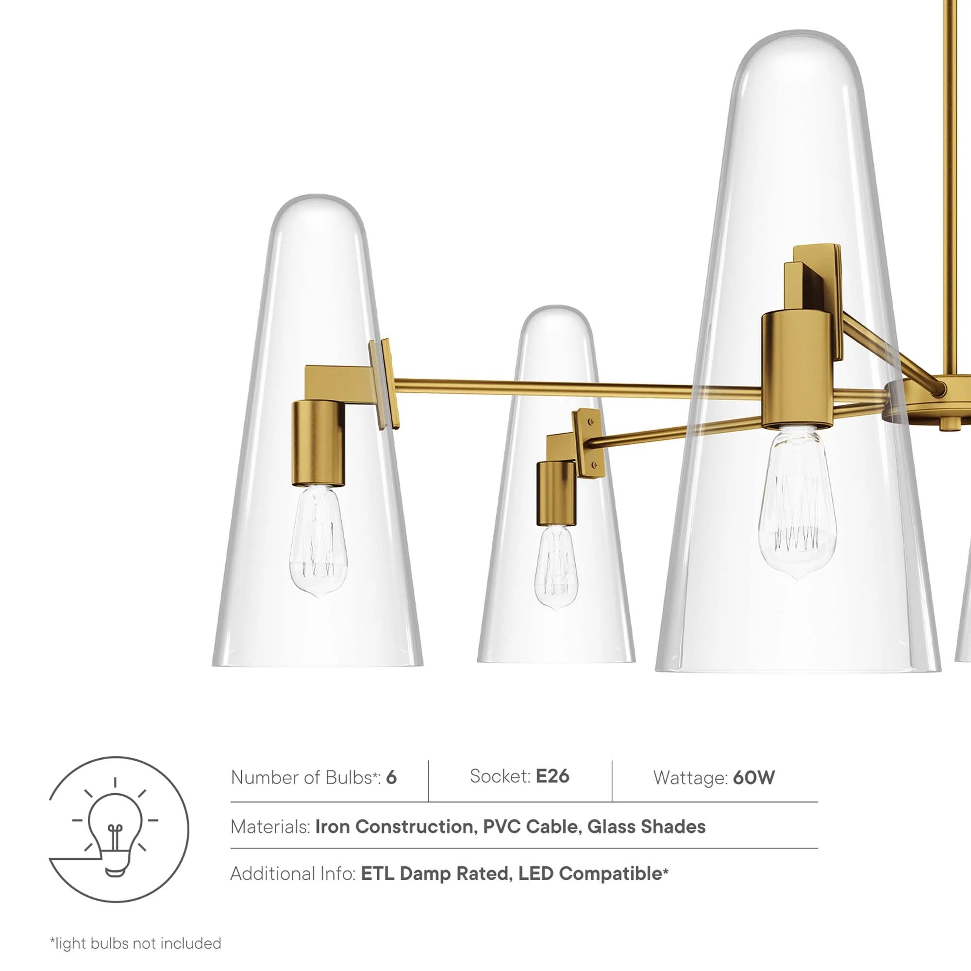Modway Beacon 6-Light Chandelier with Glass Cone Shades – Clear Satin Brass or Opal Black