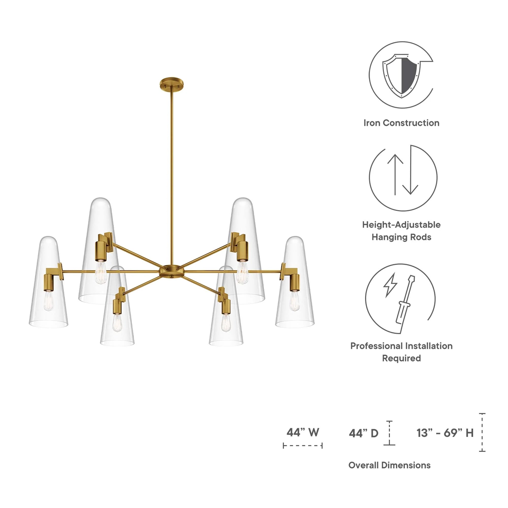 Modway Beacon 6-Light Chandelier with Glass Cone Shades – Clear Satin Brass or Opal Black