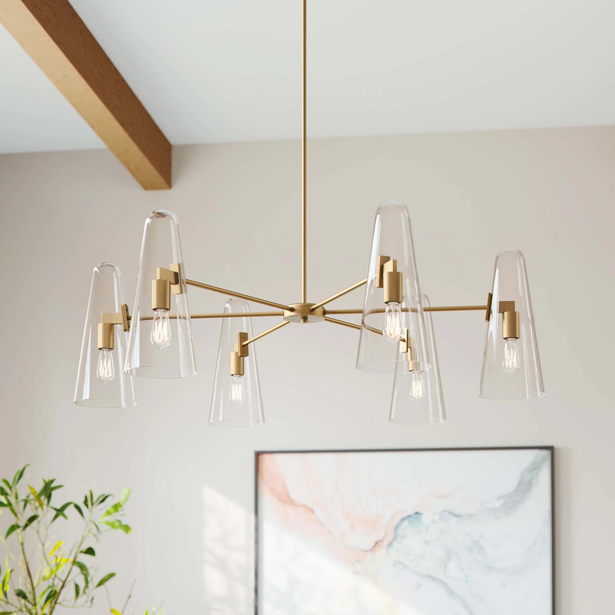 Modway Beacon 6-Light Chandelier with Glass Cone Shades – Clear Satin Brass or Opal Black