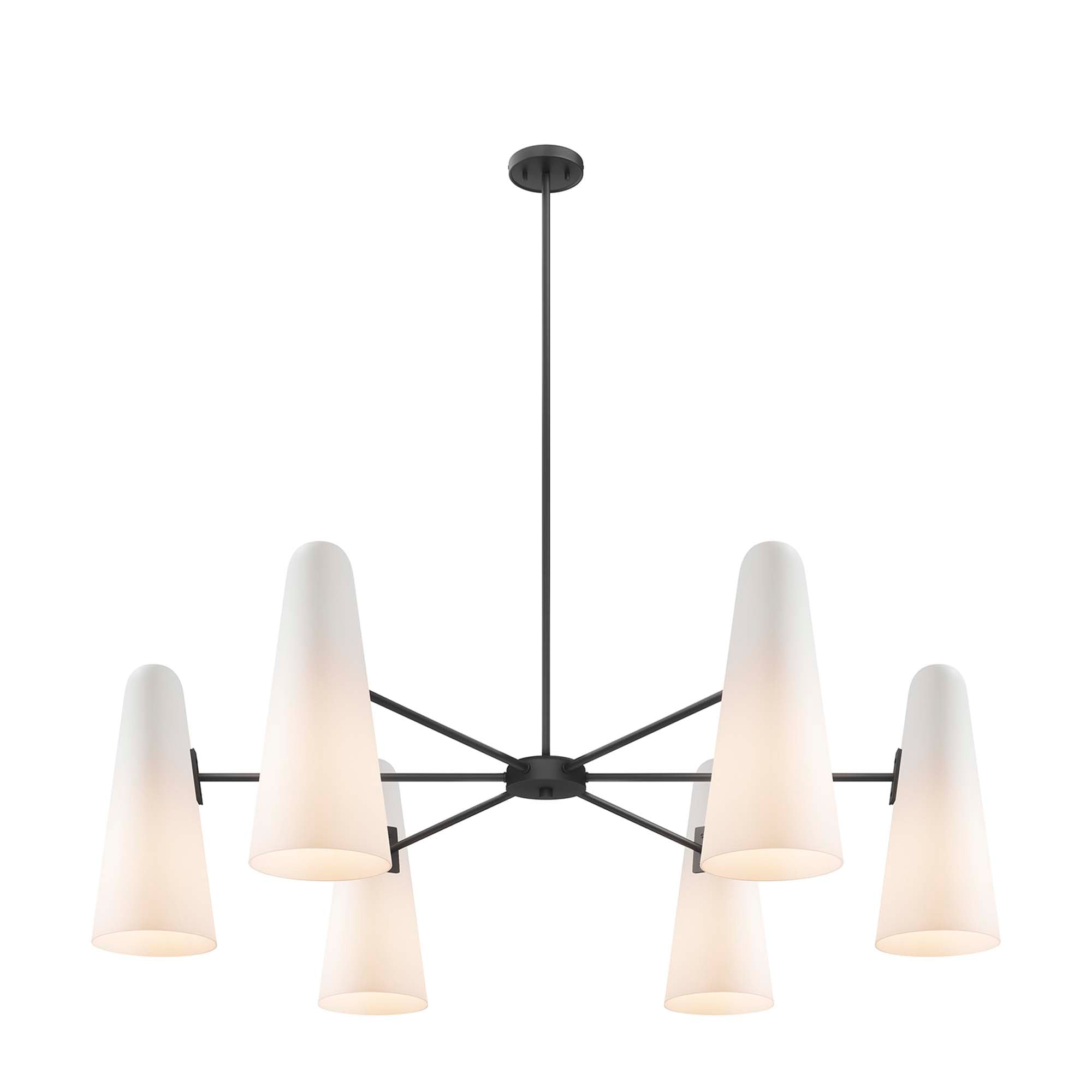 Modway Beacon 6-Light Chandelier with Glass Cone Shades – Clear Satin Brass or Opal Black