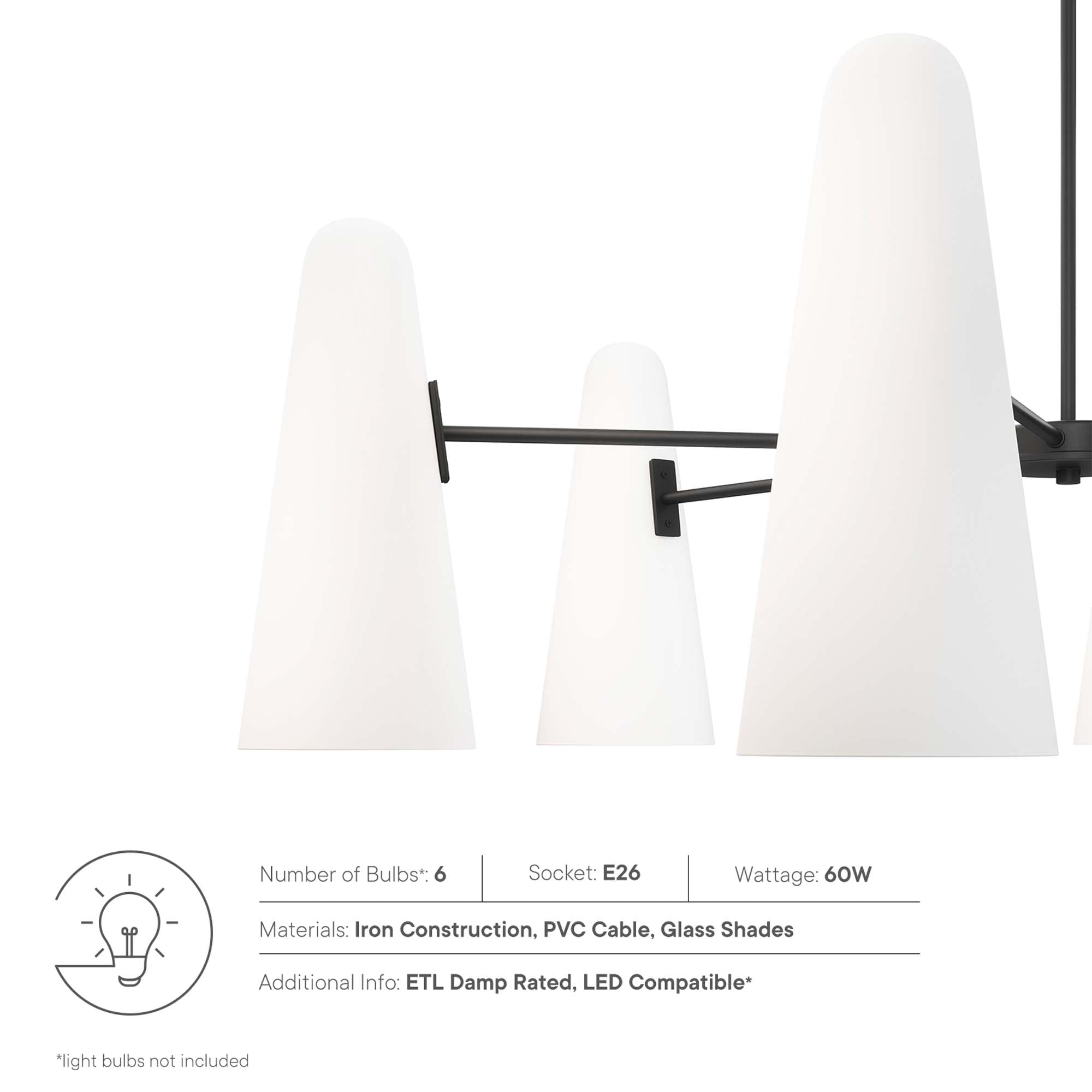 Modway Beacon 6-Light Chandelier with Glass Cone Shades – Clear Satin Brass or Opal Black