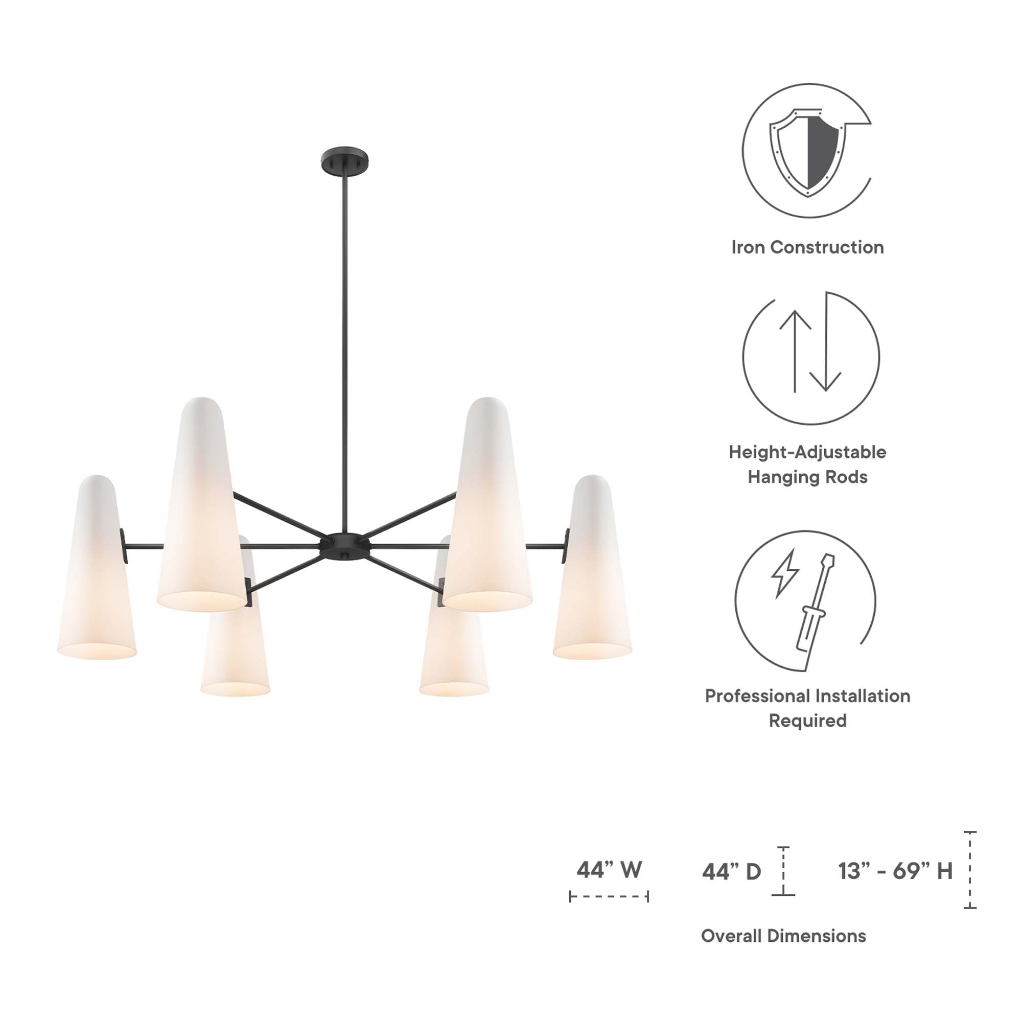 Modway Beacon 6-Light Chandelier with Glass Cone Shades – Clear Satin Brass or Opal Black