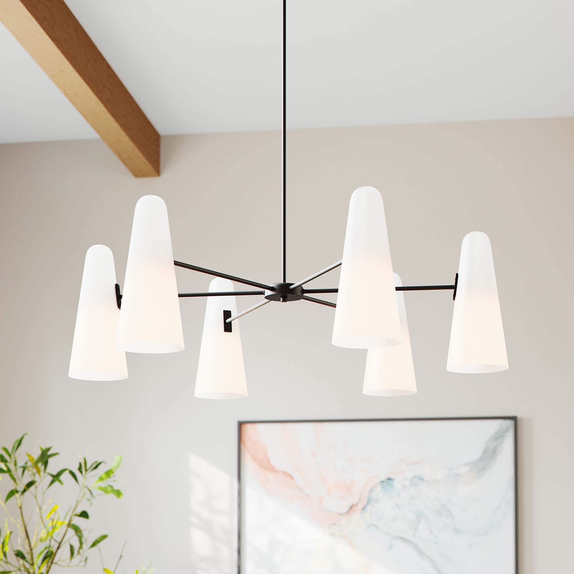 Modway Beacon 6-Light Chandelier with Glass Cone Shades – Clear Satin Brass or Opal Black