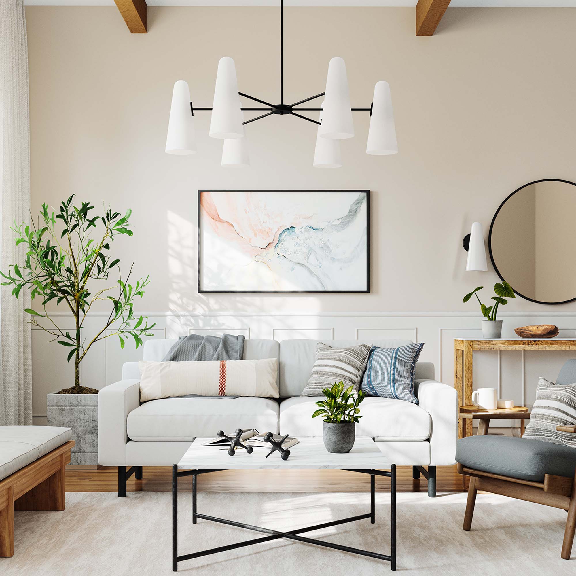 Modway Beacon 6-Light Chandelier with Glass Cone Shades – Clear Satin Brass or Opal Black