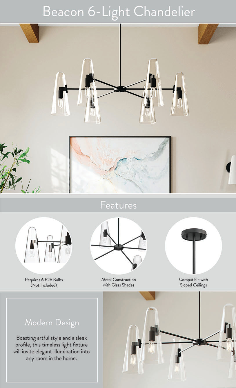 Modway Beacon 6-Light Chandelier with Glass Cone Shades – Clear Satin Brass or Opal Black