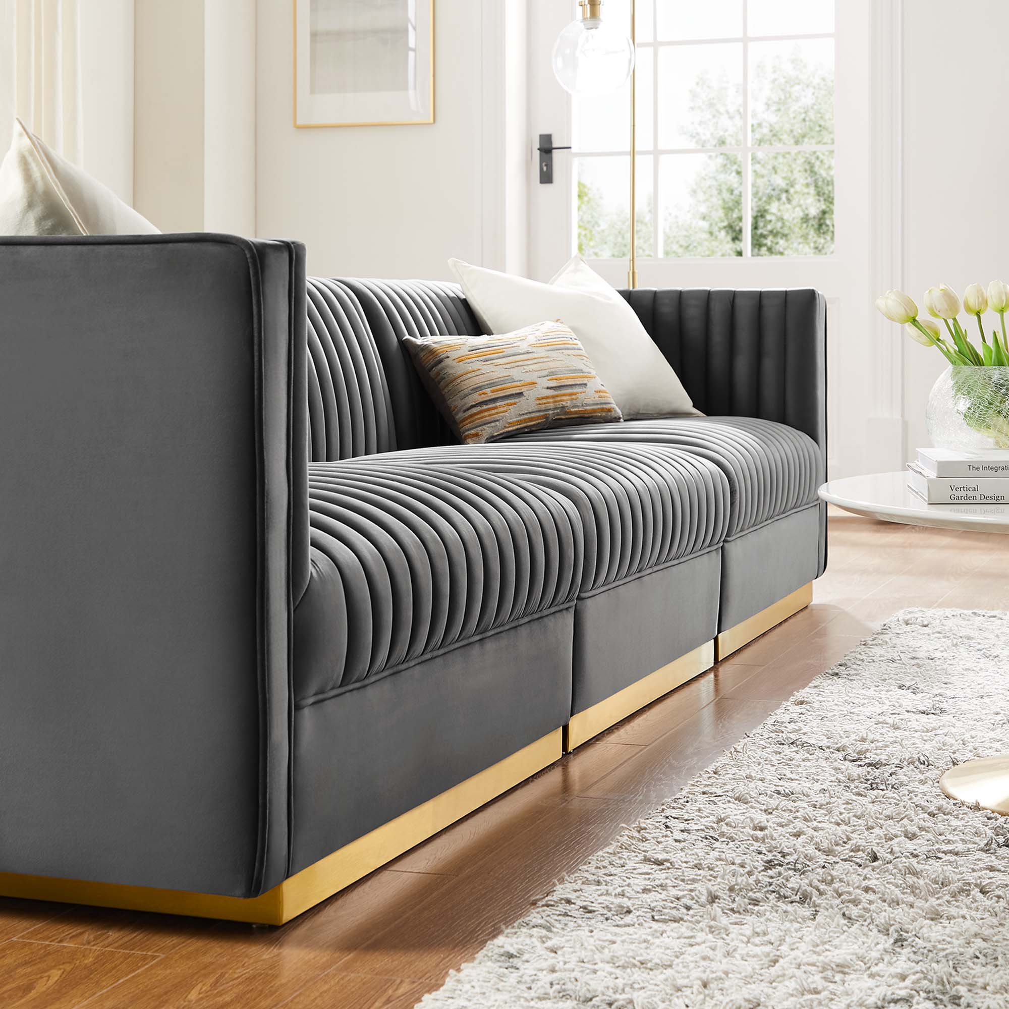 Modway Sanguine Channel Tufted Performance Velvet 3-Seat Modular Sectional Sofa