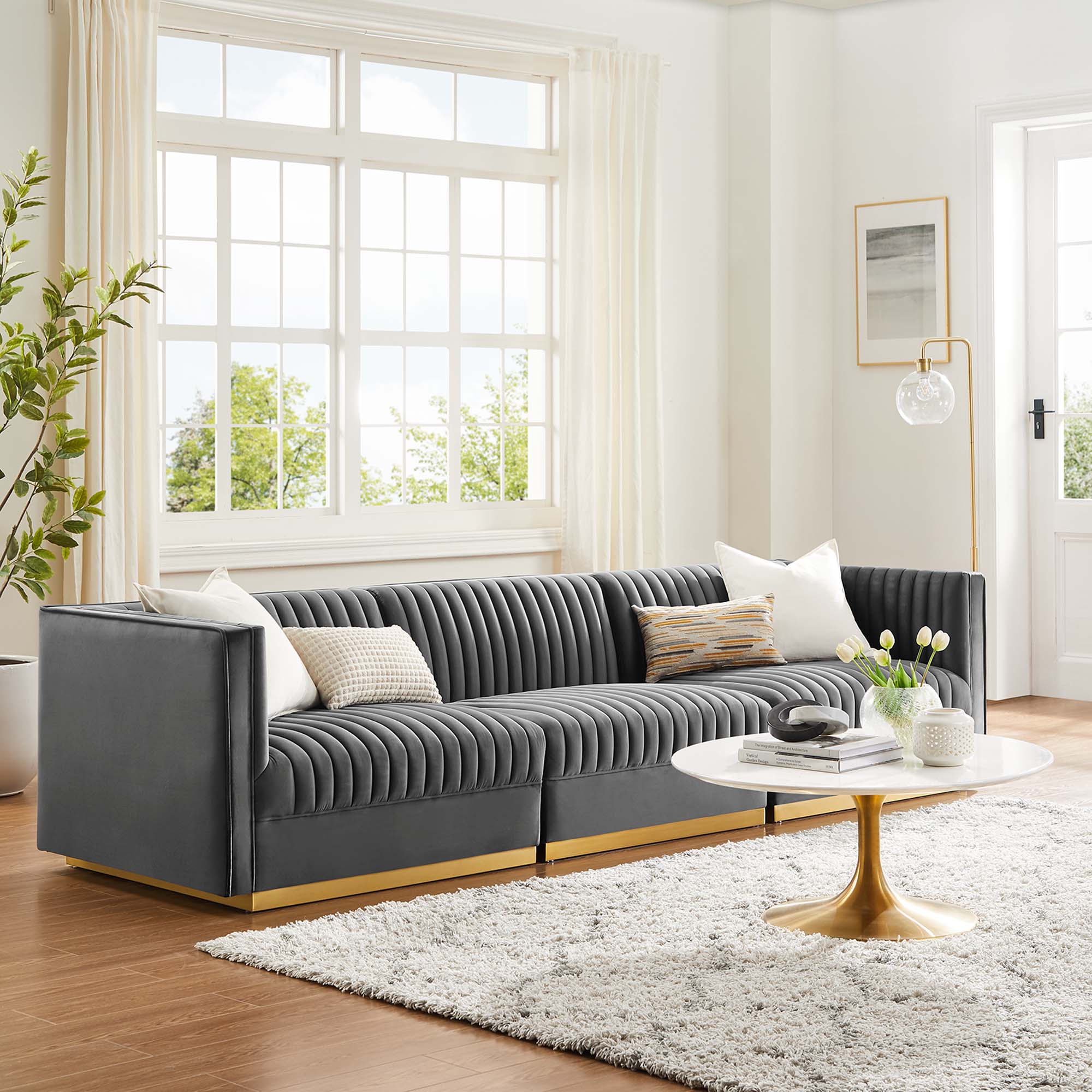 Modway Sanguine Channel Tufted Performance Velvet 3-Seat Modular Sectional Sofa