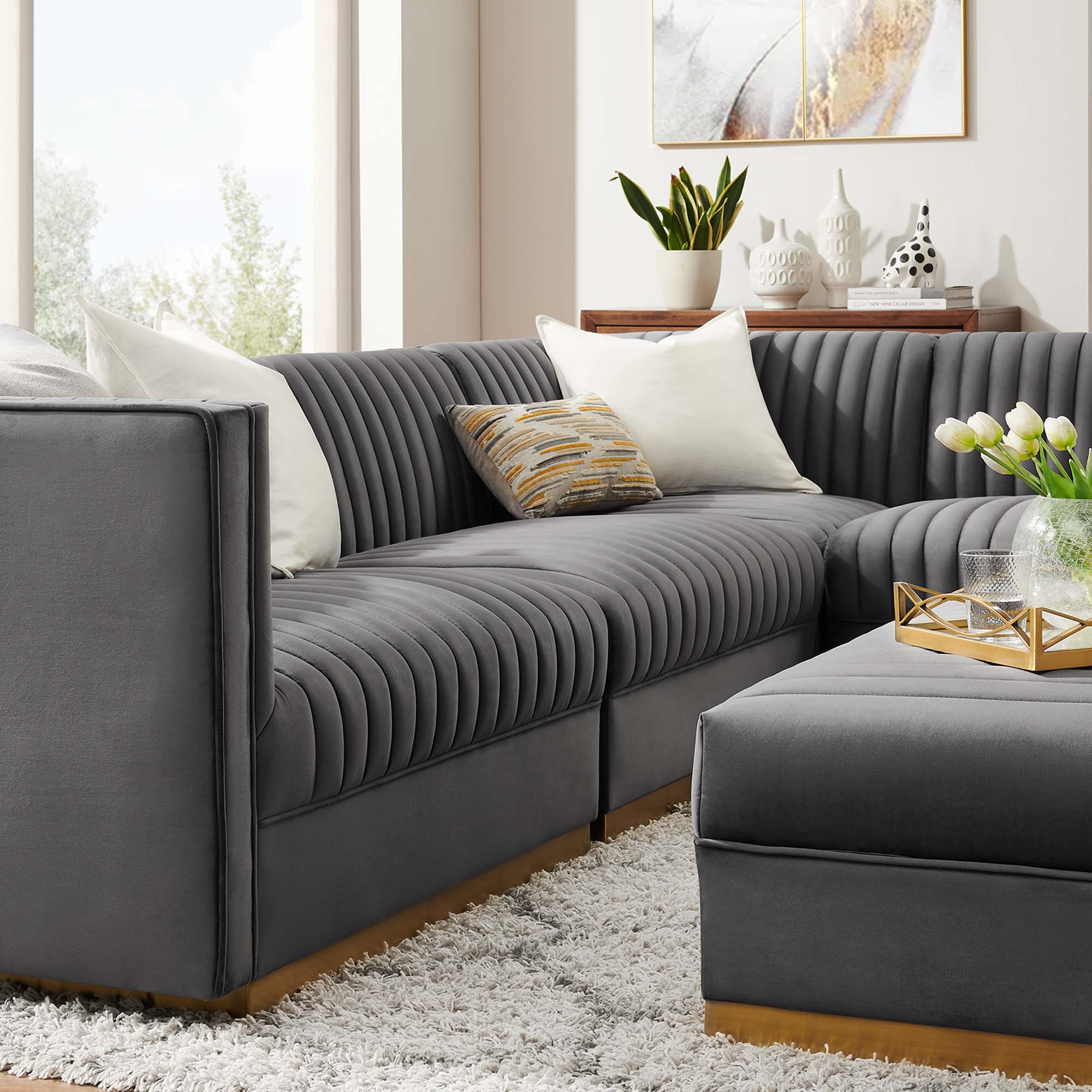 Modway Sanguine 5-Piece Channel Tufted Performance Velvet Right-Facing Modular Sectional Sofa