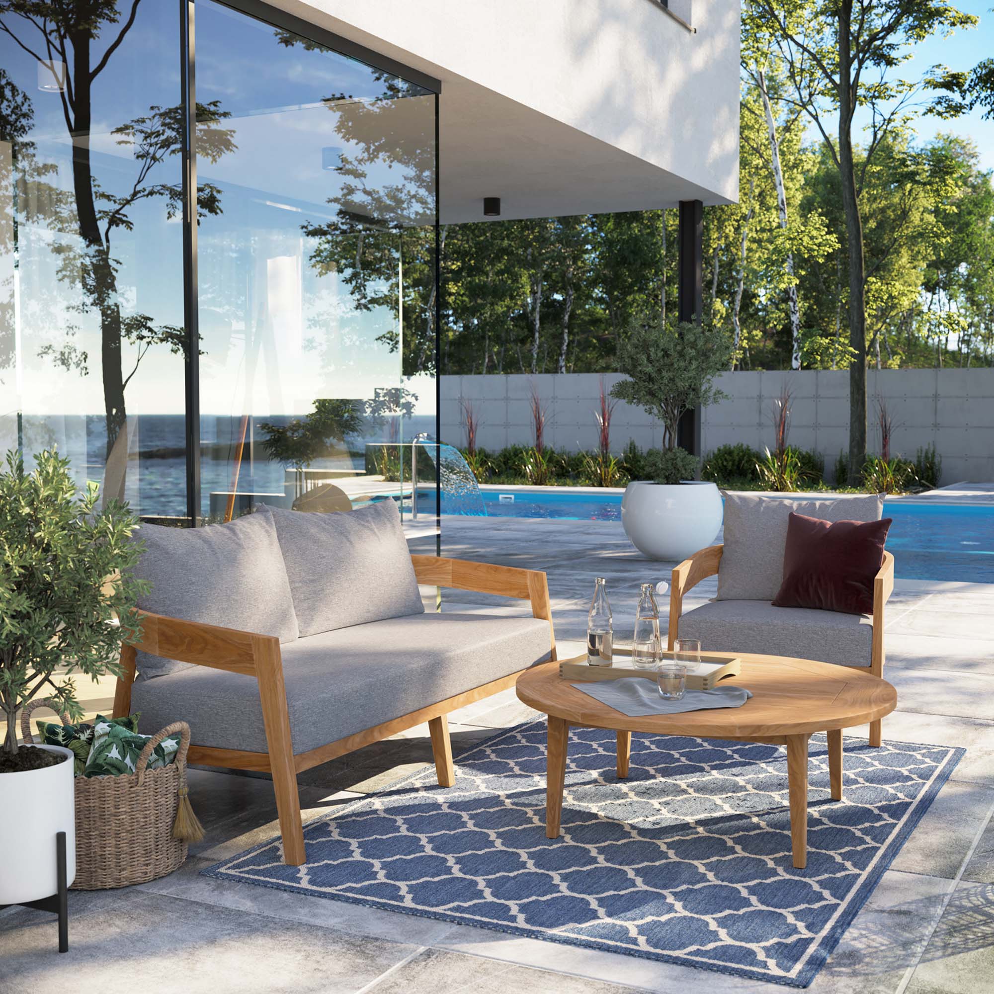 Modway Brisbane 3-Piece Teak Wood Outdoor Patio Set