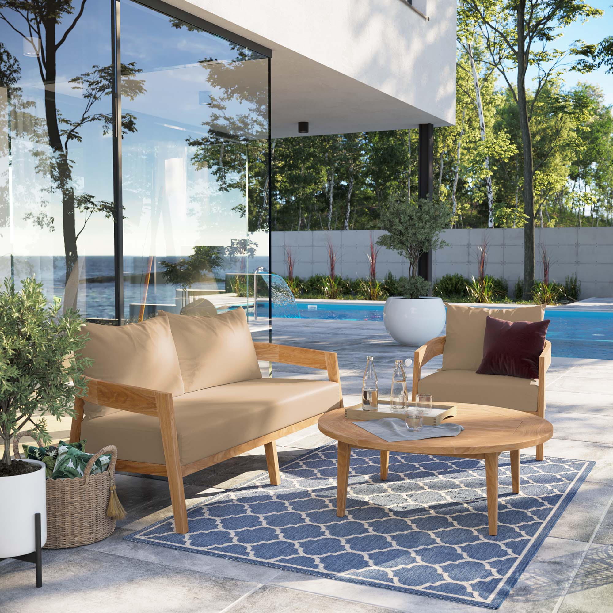 Modway Brisbane 3-Piece Teak Wood Outdoor Patio Set
