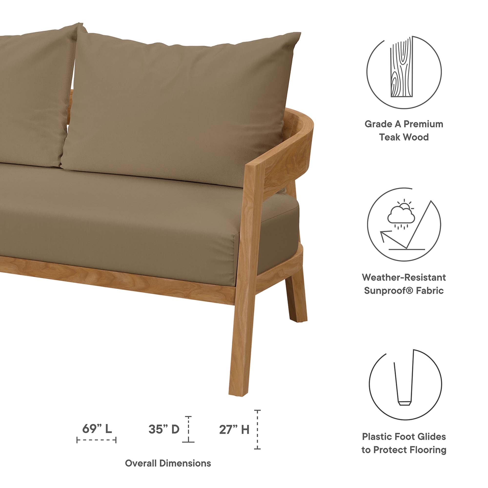 Modway Brisbane 3-Piece Teak Wood Outdoor Patio Set