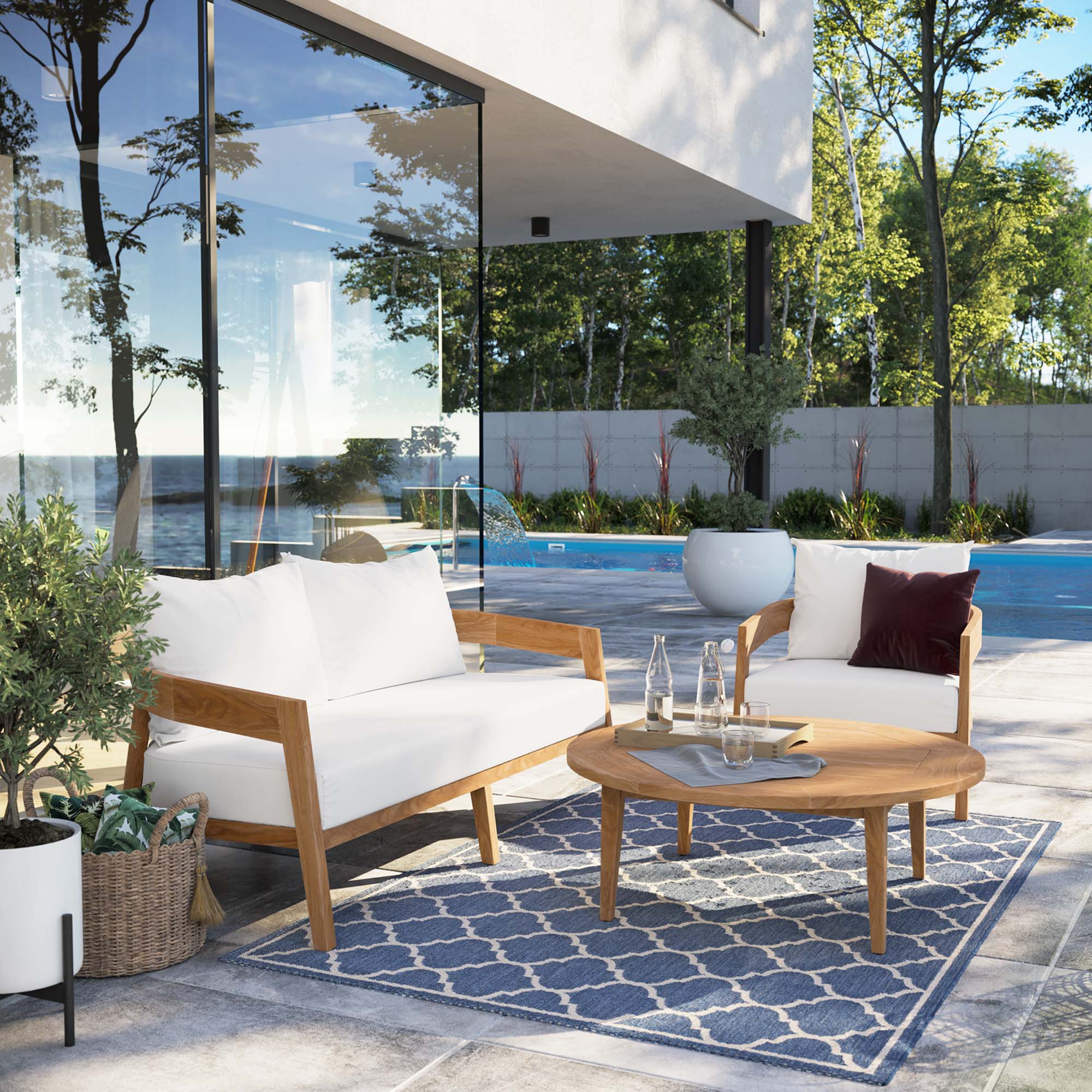 Modway Brisbane 3-Piece Teak Wood Outdoor Patio Set