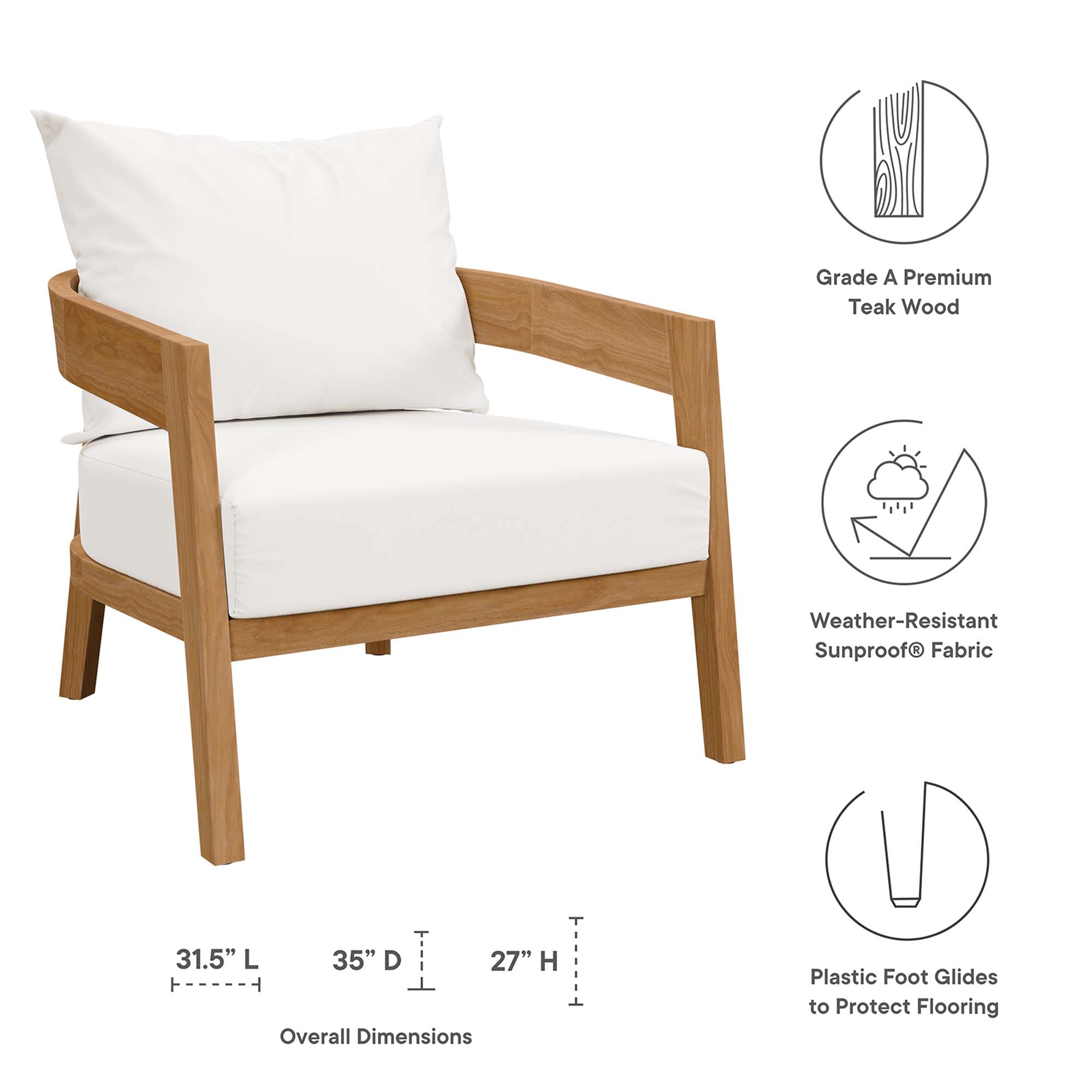 Modway Brisbane 3-Piece Teak Wood Outdoor Patio Set