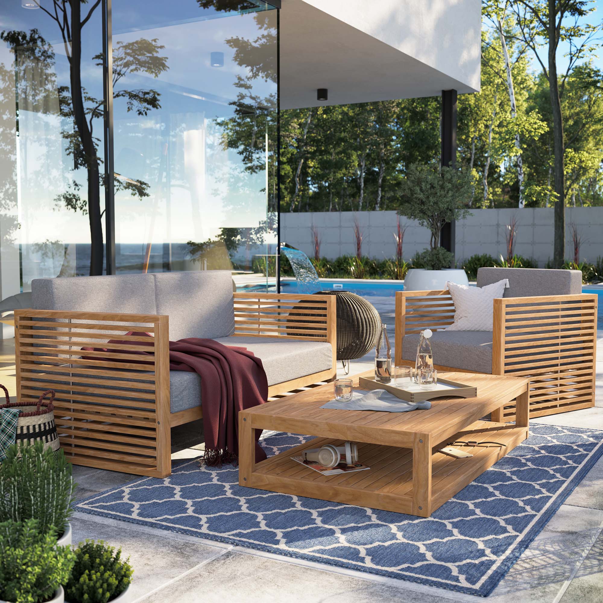 Modway Carlsbad 3-Piece Teak Wood Outdoor Patio Set