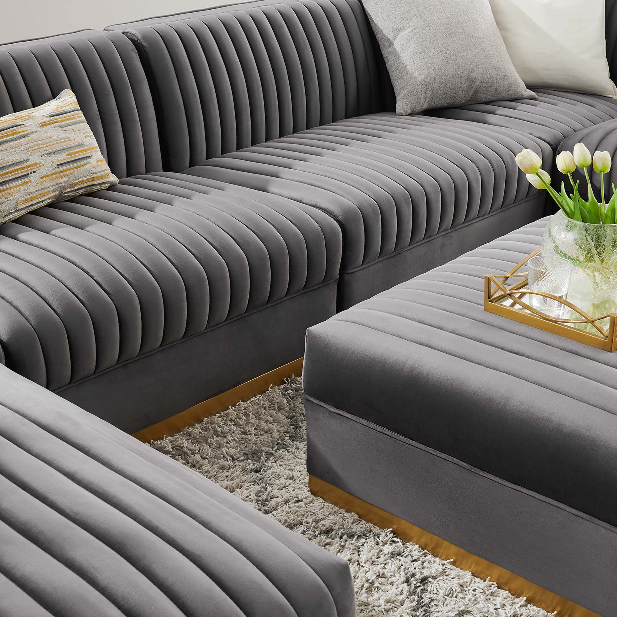 Modway Sanguine 7-Piece Channel Tufted Performance Velvet Right-Facing Modular Sectional Sofa