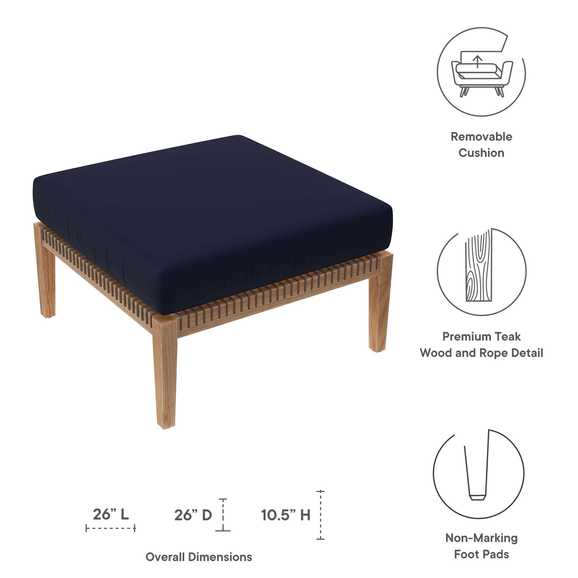 Modway Clearwater Outdoor Patio Teak Wood Ottoman