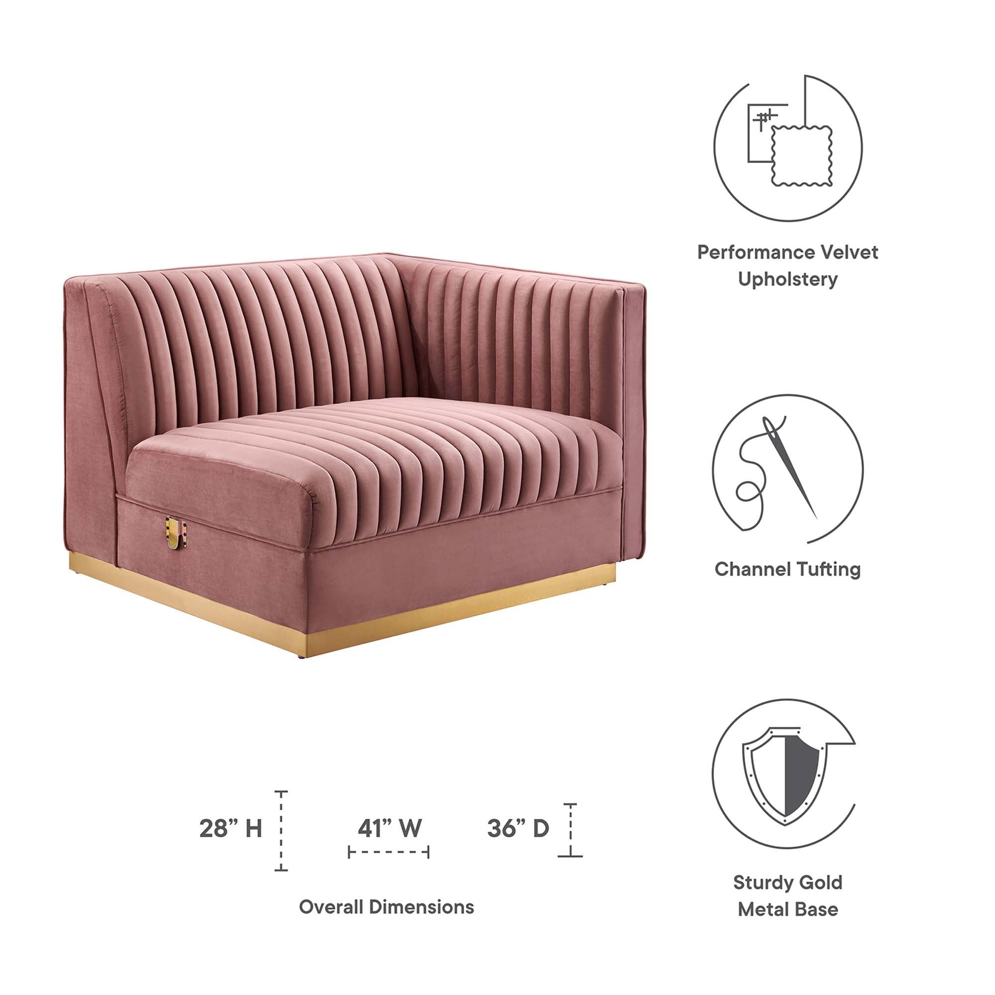 Modway Sanguine Channel Tufted Performance Velvet Modular Sectional Sofa Right-Arm Chair