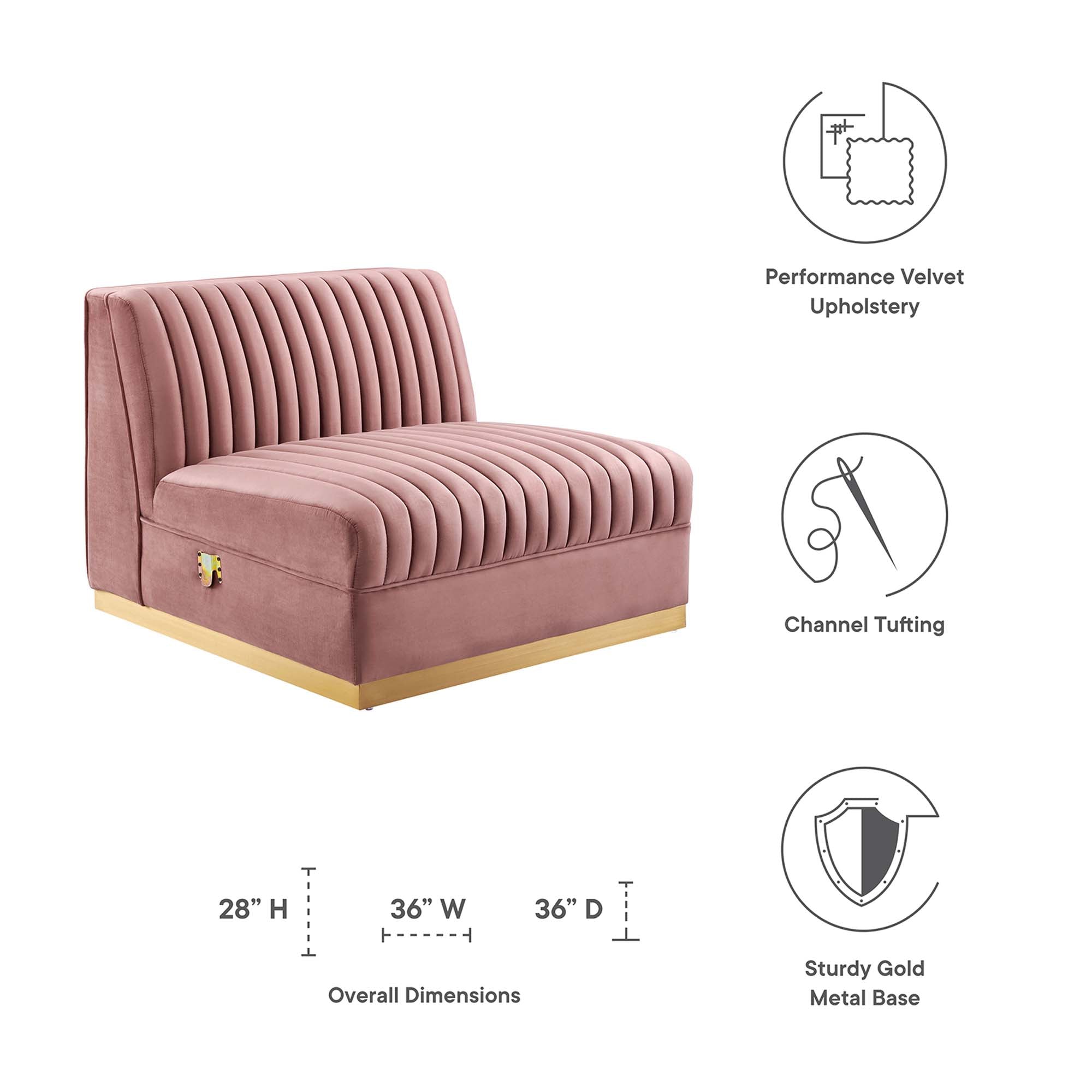 Modway Sanguine Channel Tufted Performance Velvet Modular Sectional Sofa Armless Chair