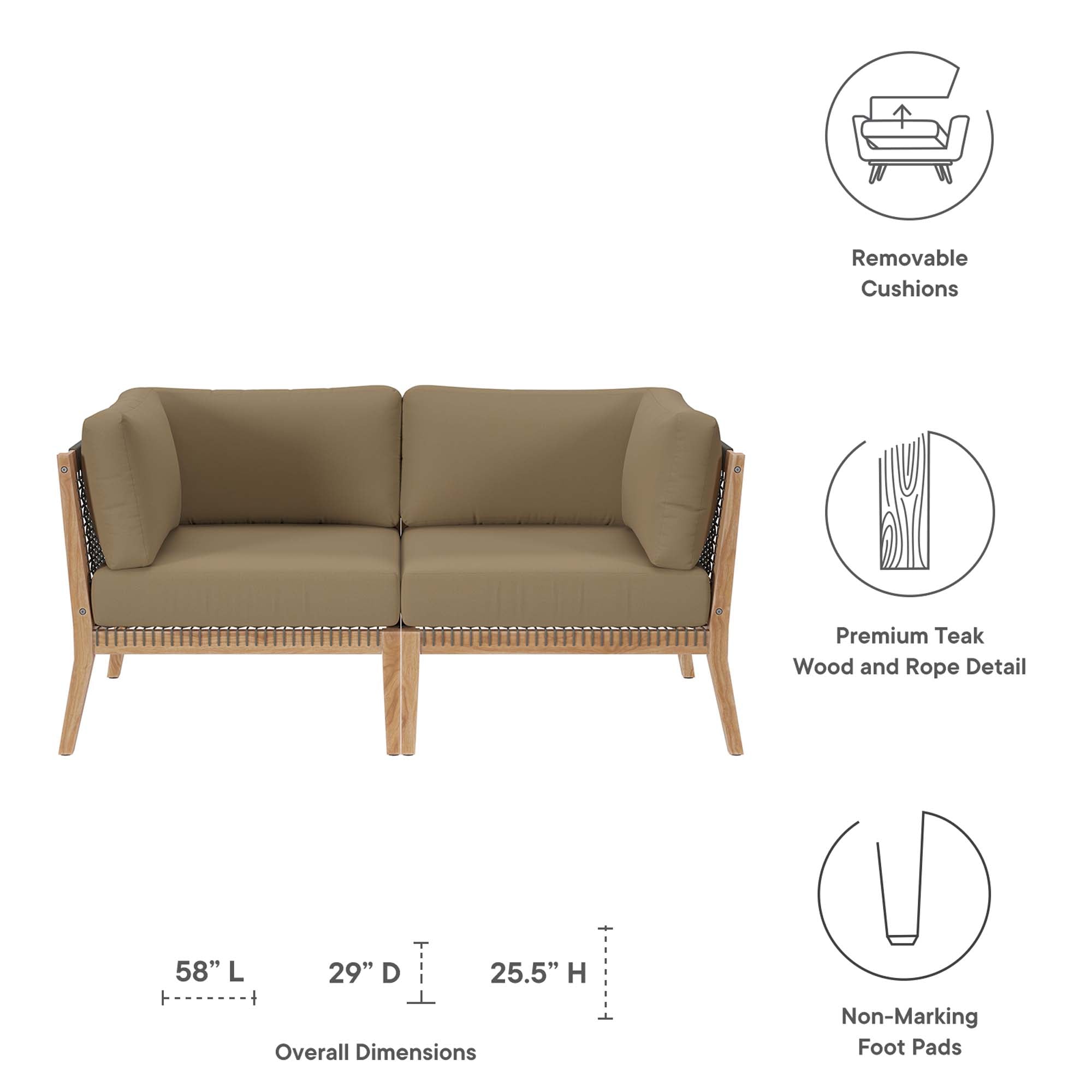 Modway Clearwater Outdoor Patio Teak Wood Loveseat