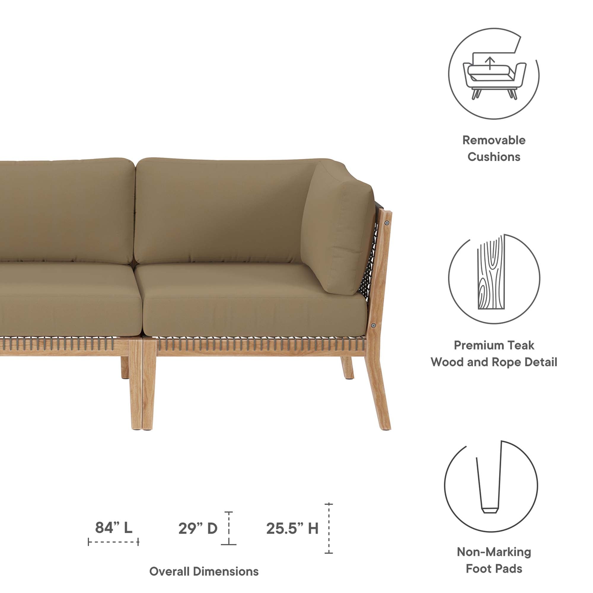 Modway Clearwater Outdoor Patio Teak Wood Sofa