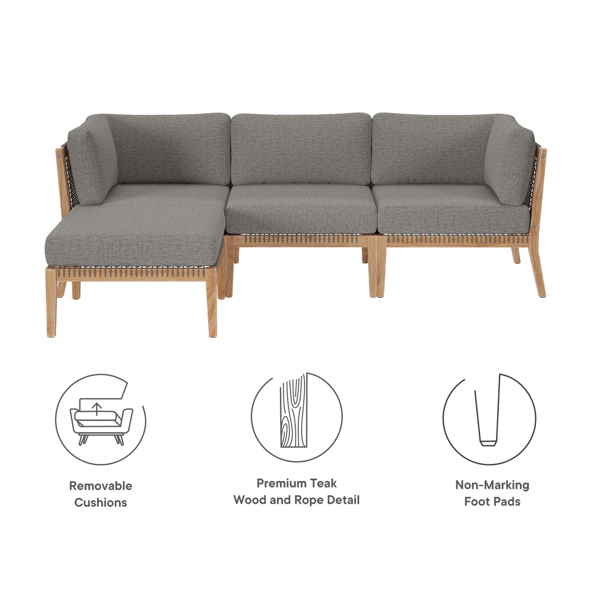 Modway Clearwater 4-Piece Outdoor Patio Teak Wood Sectional Sofa