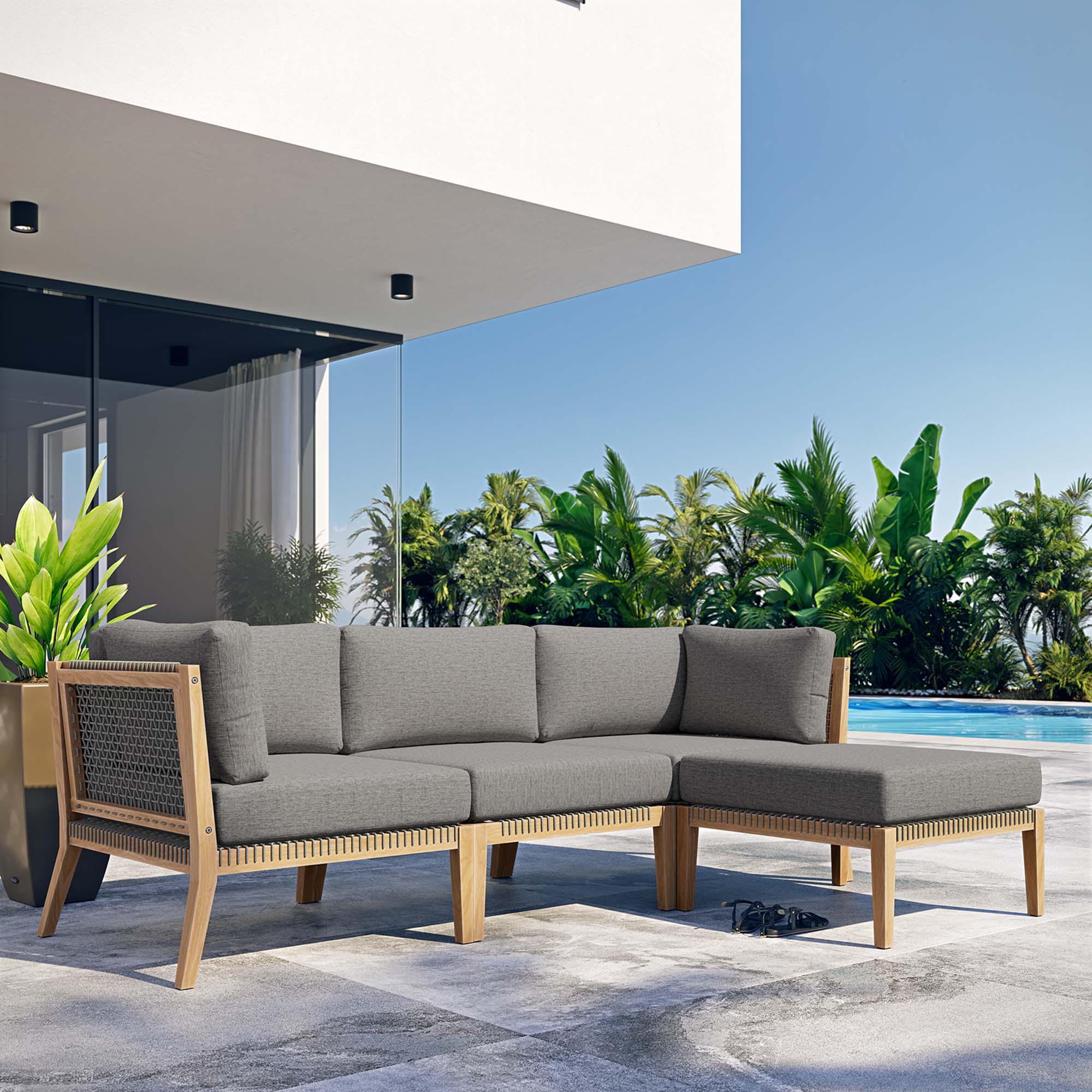 Modway Clearwater 4-Piece Outdoor Patio Teak Wood Sectional Sofa
