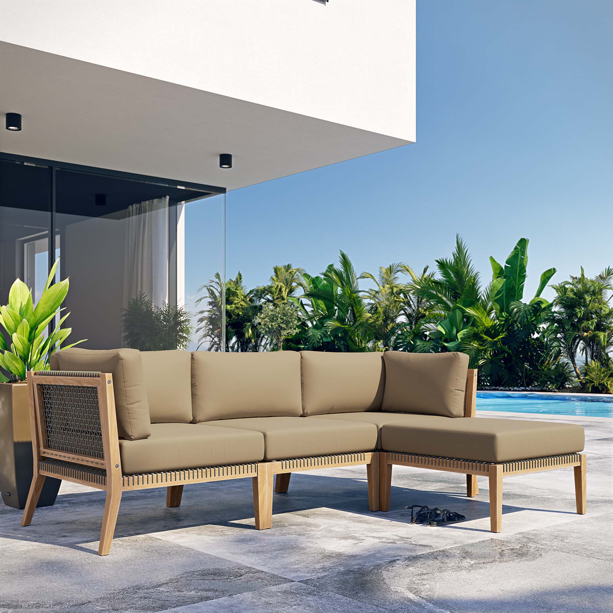 Modway Clearwater 4-Piece Outdoor Patio Teak Wood Sectional Sofa