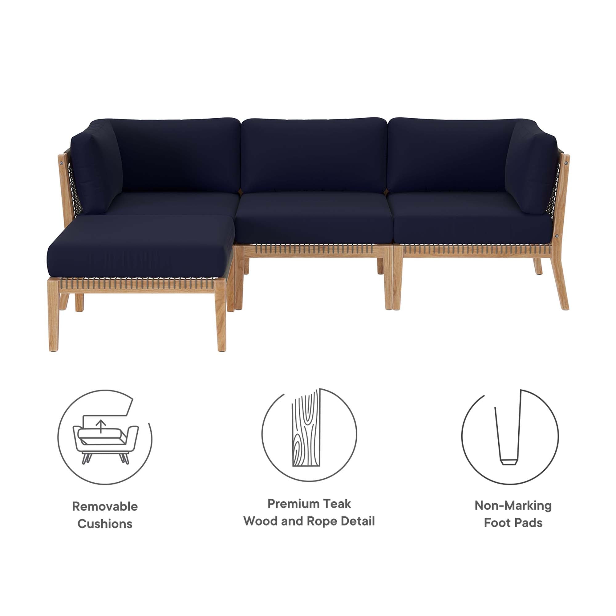 Modway Clearwater 4-Piece Outdoor Patio Teak Wood Sectional Sofa