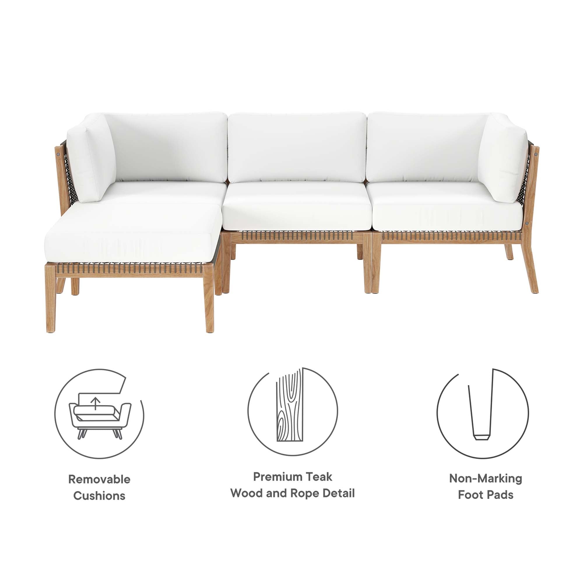 Modway Clearwater 4-Piece Outdoor Patio Teak Wood Sectional Sofa