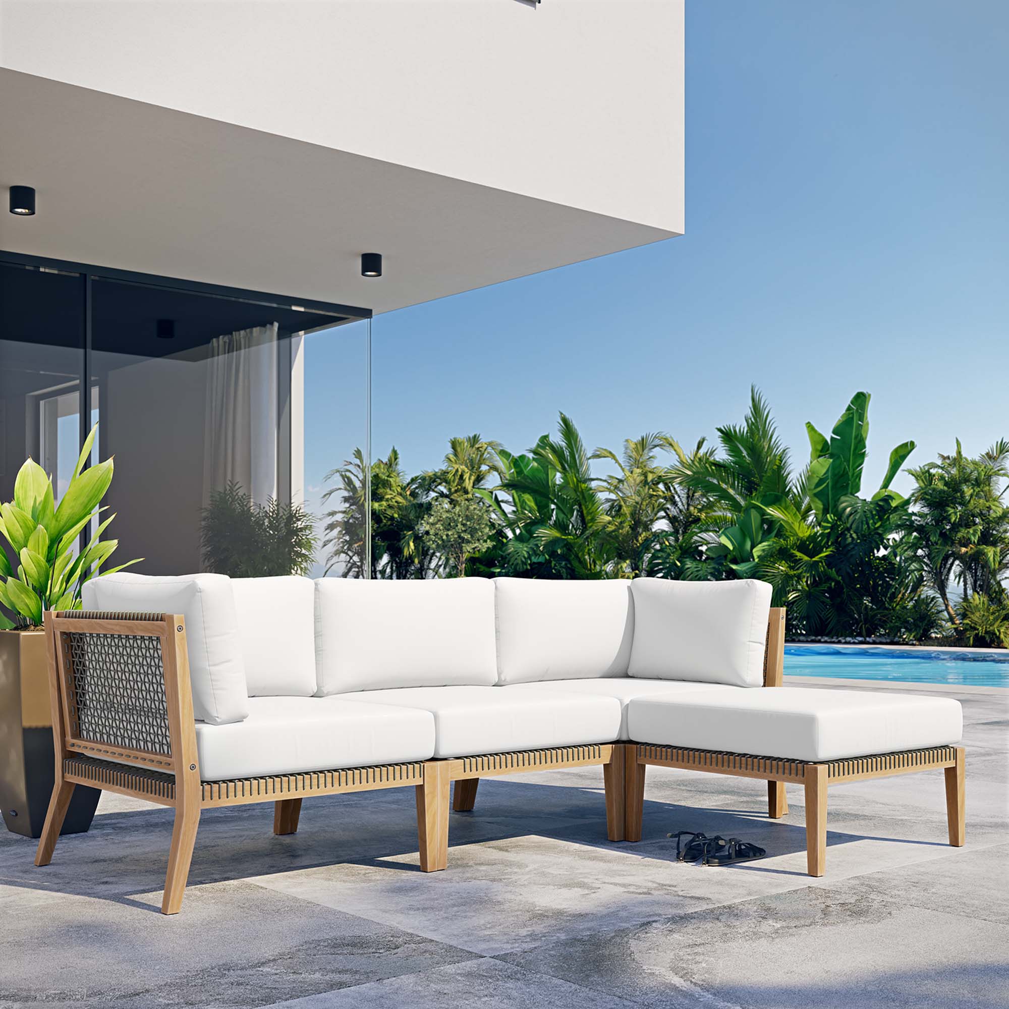 Modway Clearwater 4-Piece Outdoor Patio Teak Wood Sectional Sofa