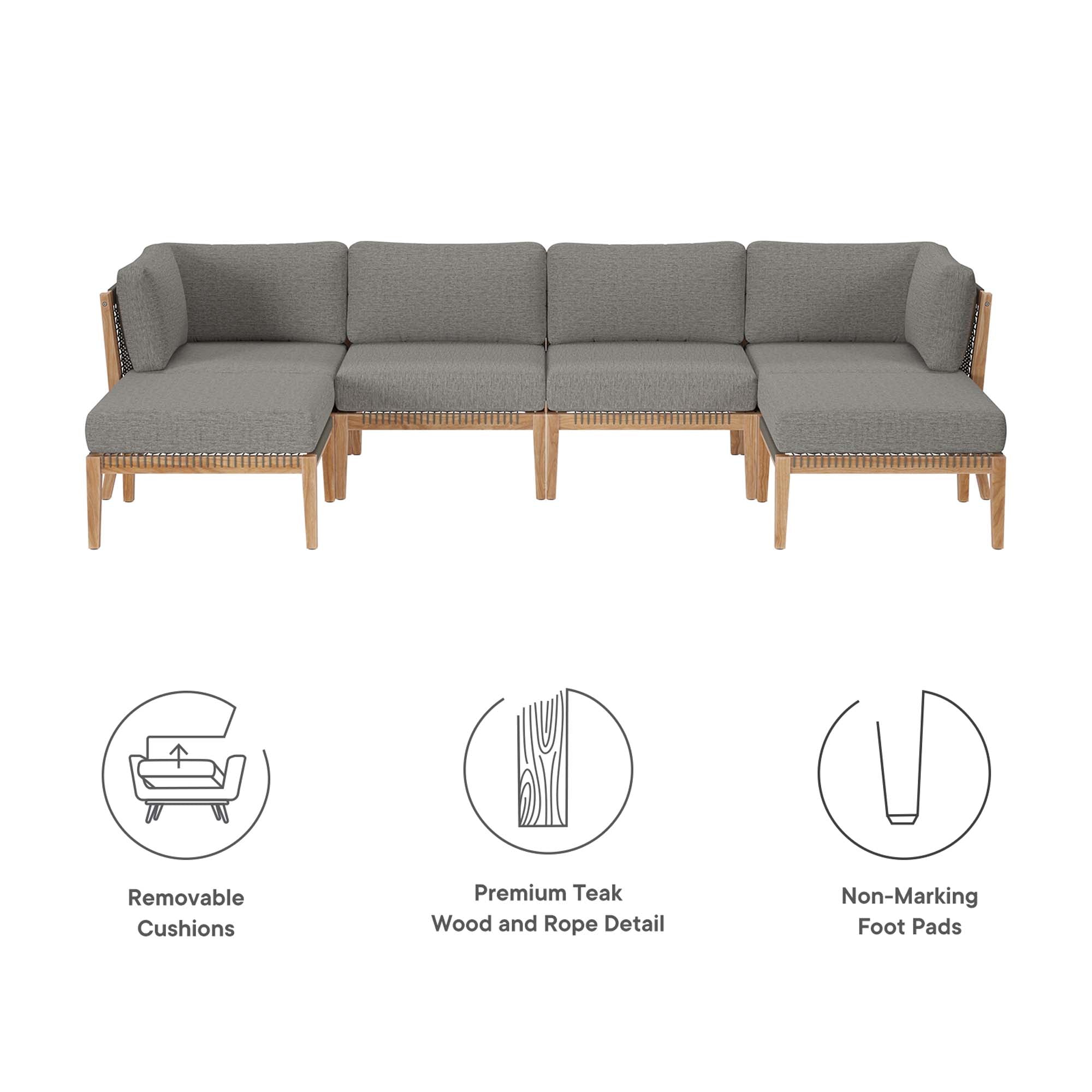 Modway Clearwater 6-Piece Outdoor Patio Teak Wood Sectional Sofa