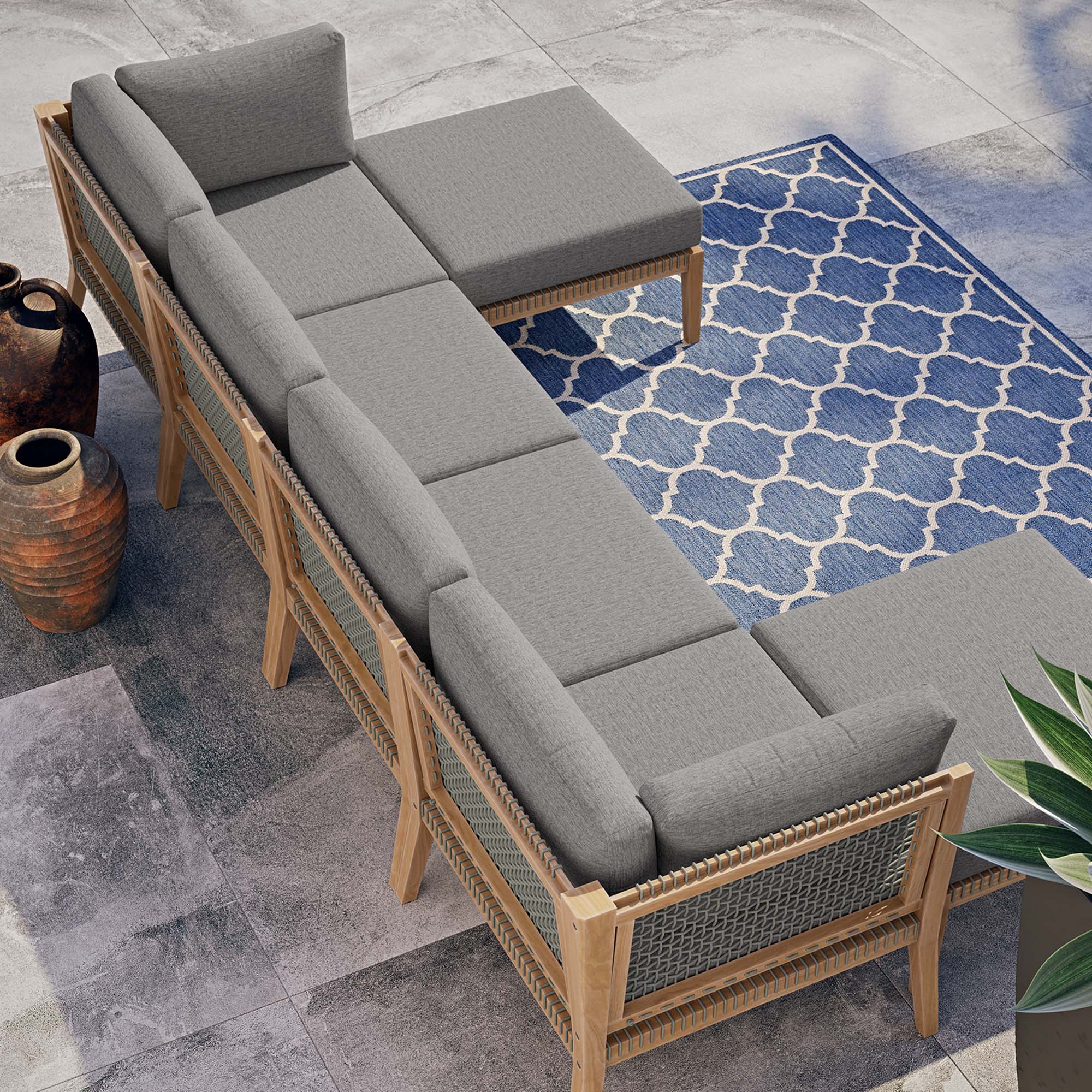 Modway Clearwater 6-Piece Outdoor Patio Teak Wood Sectional Sofa